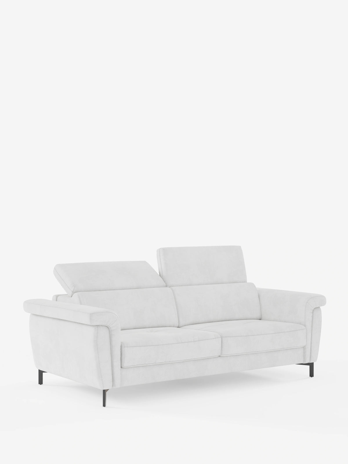 Il divano letto di design Capri di divitt.sbs presenta una linea moderna in grigio chiaro, rivestito in raffinato tessuto effetto velluto smacchiabile T30, con tre cuscini di seduta, poggiatesta regolabili, ampi braccioli imbottiti e sottili gambe nere, il tutto su uno sfondo bianco a tinta unita.