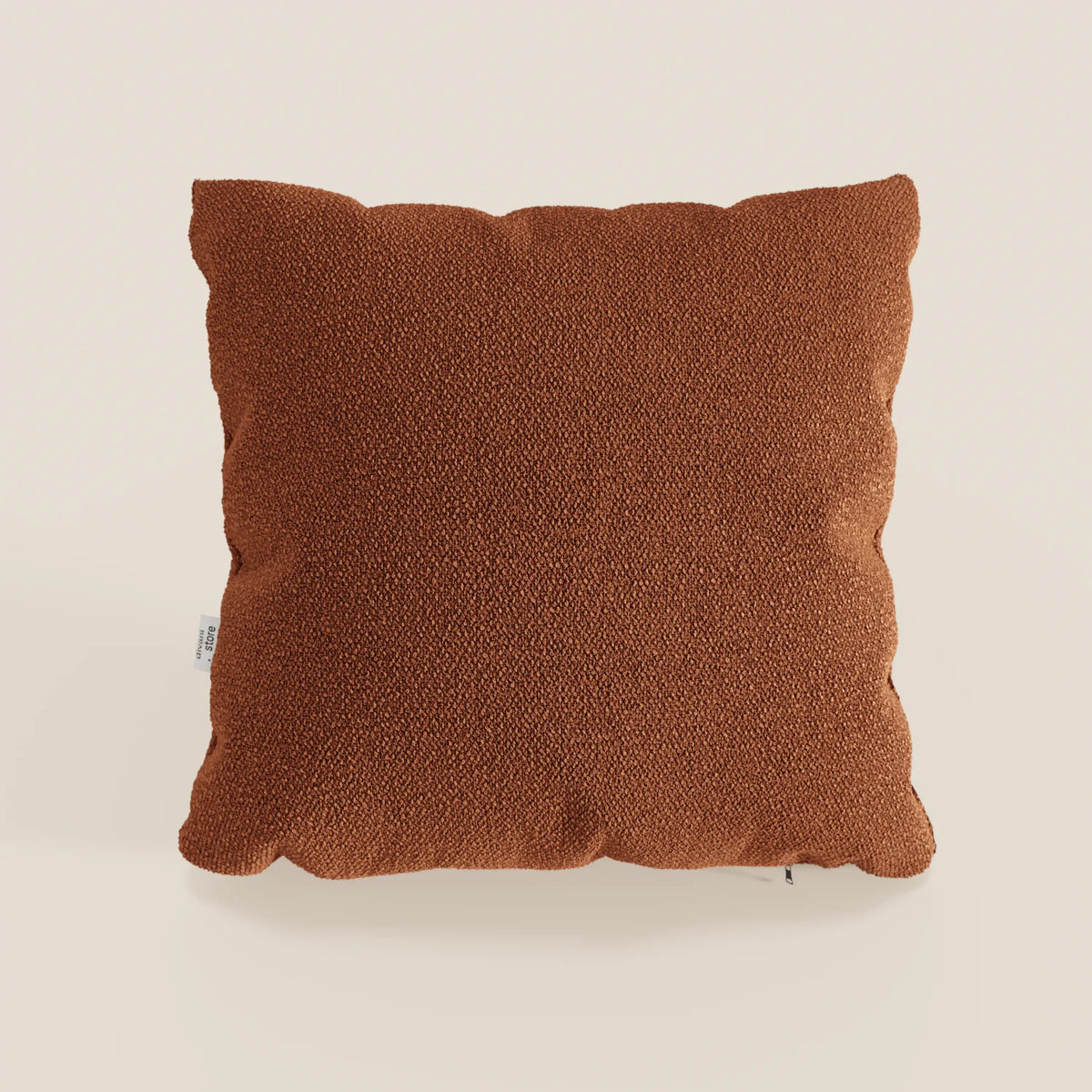 Un cuscino Lambada color ruggine di divitt.sbs, realizzato in fresco tessuto T33 antimacchia e impermeabile simile al cotone naturale, è posto al centro di uno sfondo tinta unita beige chiaro. Il cuscino in peluche ha bordi arrotondati e piccole etichette laterali.