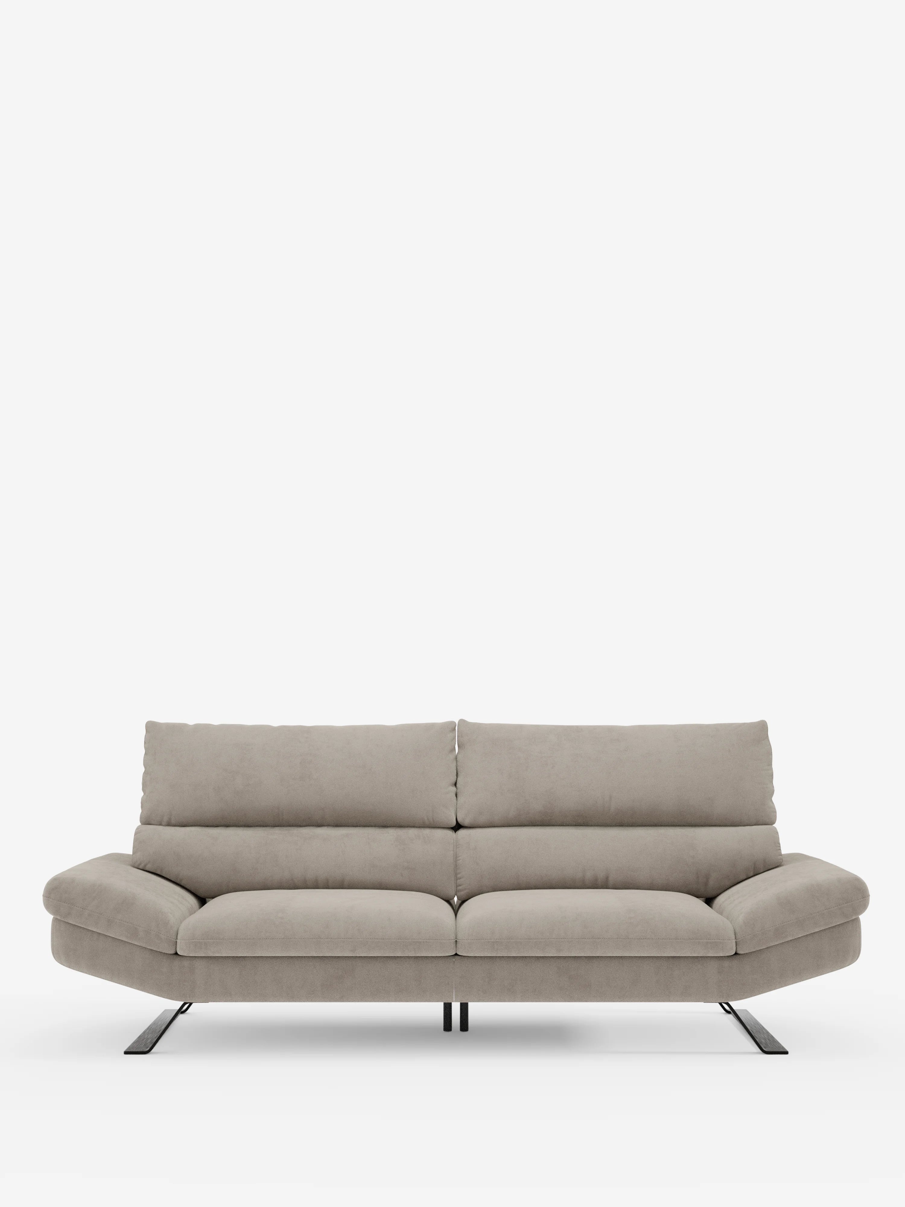 Un divano Eclipse dal design moderno di divitt.sbs in grigio chiaro, caratterizzato da due ampie sedute imbottite, braccioli bassi e gambe alte in metallo nero inclinate. Questo divano minimalista e contemporaneo è realizzato in elegante microfibra T11 resistente alle macchie e presenta linee pulite con innovativi schienali traslanti per un comfort modulabile e un sostegno personalizzabile, il tutto su uno sfondo bianco a tinta unita.