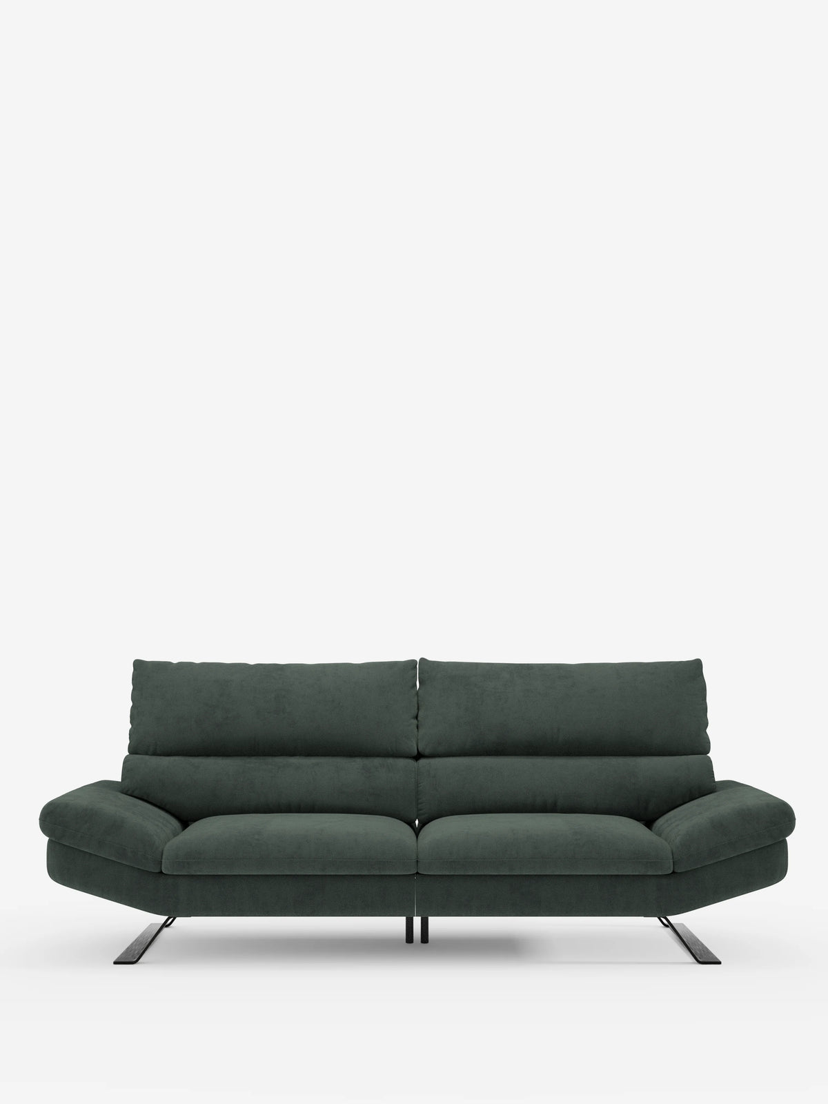 Un elegante divano Eclipse dal design moderno di divitt.sbs, rivestito in microfibra T11 resistente alle macchie, spicca al centro su uno sfondo bianco a tinta unita. Questo divano contemporaneo a 2 o 3 posti è caratterizzato da morbidi cuscini, gambe ad angolo pronunciato e schienali traslanti per un sostegno personalizzabile. La sua ampia seduta, lo schienale basso e le linee slanciate e minimaliste offrono il comfort ideale, rendendolo la scelta perfetta per gli interni moderni.