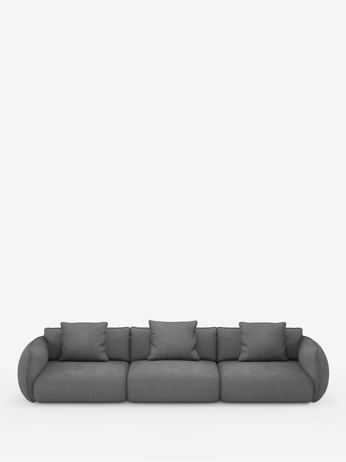 Un divano modulare Nimbus dal design minimalista e moderno a 3 posti di divitt.sbs, rivestito in tessuto T33 grigio scuro smacchiabile effetto cotone, con tre cuscini di seduta, braccioli arrotondati e cinque cuscini quadrati coordinati, è posizionato al centro su uno sfondo bianco a tinta unita. Il divano ha un aspetto morbido e soffice ed è completamente sfoderabile.