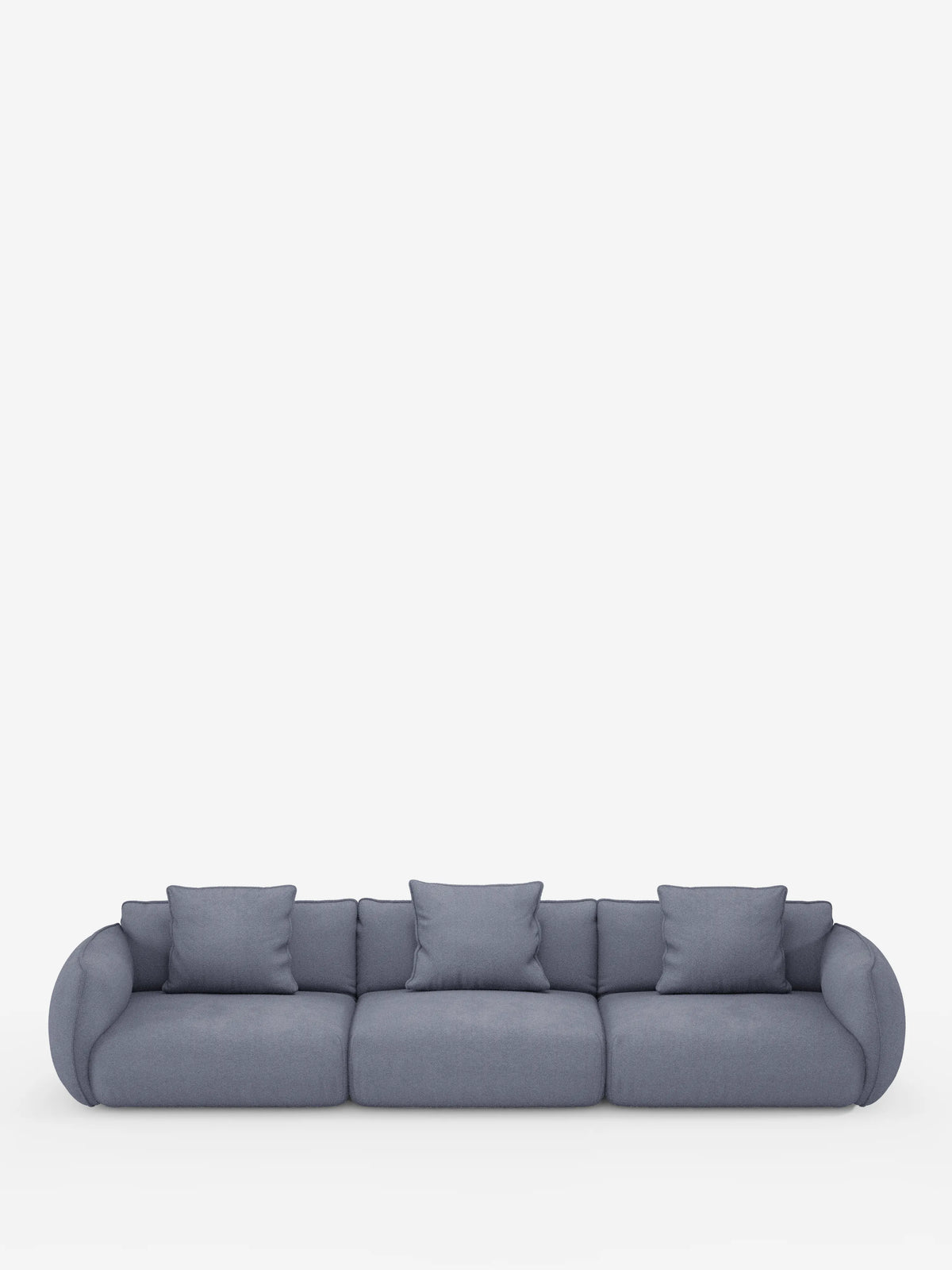 Un divano modulare contemporaneo Nimbus a 3 posti, componibile in morbido tessuto smacchiabile effetto cotone T33 di divitt.sbs, caratterizzato da un design elegante in grigio con braccioli arrotondati e quattro cuscini quadrati coordinati, è posizionato al centro su uno sfondo bianco a tinta unita. Questo divano modulare vanta sedute morbide e un rivestimento in tessuto liscio e di facile manutenzione, per un look minimalista ma accogliente.
