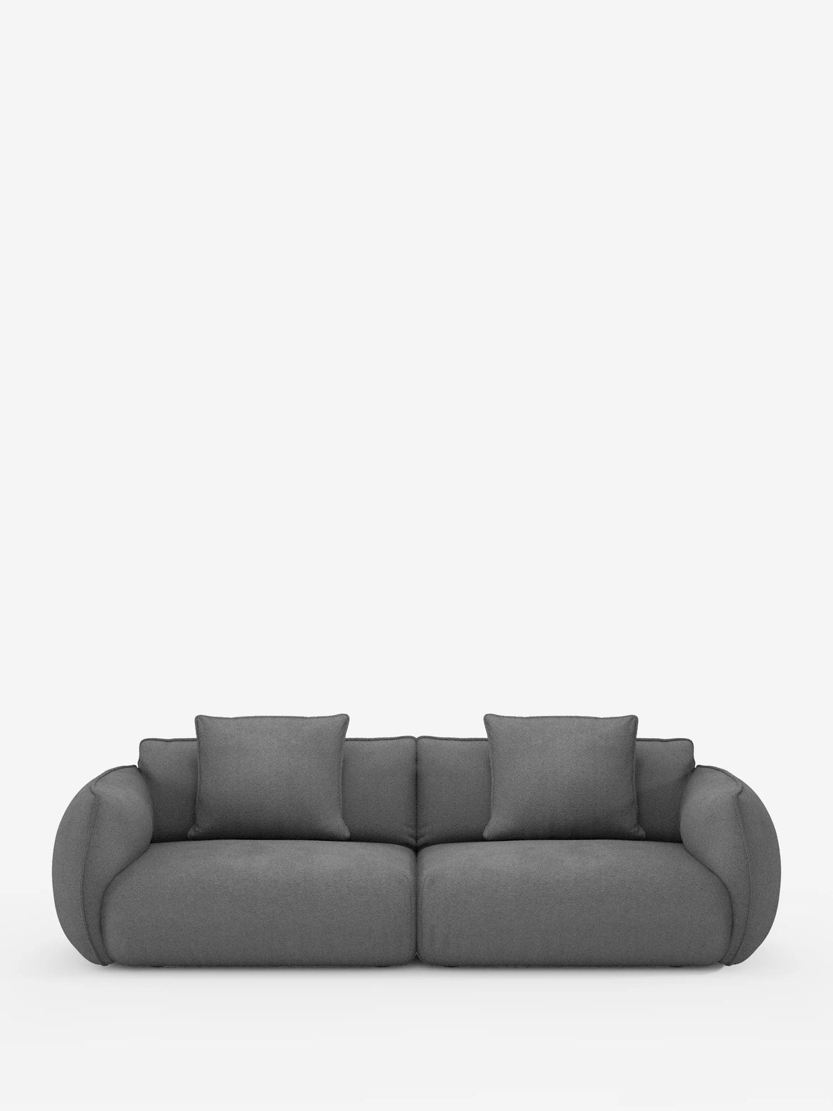 Un divano Nimbus contemporaneo a 3 posti, modulare e componibile, firmato divitt.sbs, rivestito in tessuto effetto cotone grigio scuro resistente alle macchie (t33), dotato di due cuscini di seduta, due cuscini dello schienale e braccioli arrotondati. Il divano è fotografato su uno sfondo bianco a tinta unita per mettere in risalto il suo design minimalista e la trama morbida e soffice.