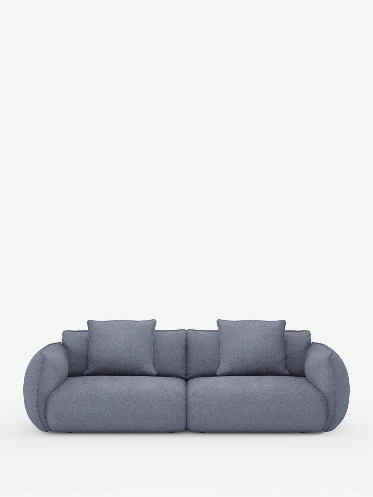 Un moderno divano modulare e componibile Nimbus a 3 posti, color grigio chiaro, da 250 cm di divitt.sbs, si staglia su uno sfondo bianco a tinta unita. Rivestito con un tessuto sfoderabile effetto cotone resistente alle macchie (t33), questo divano minimalista presenta due cuscini di seduta, due cuscini dello schienale e braccioli arrotondati che gli conferiscono un aspetto morbido e confortevole.