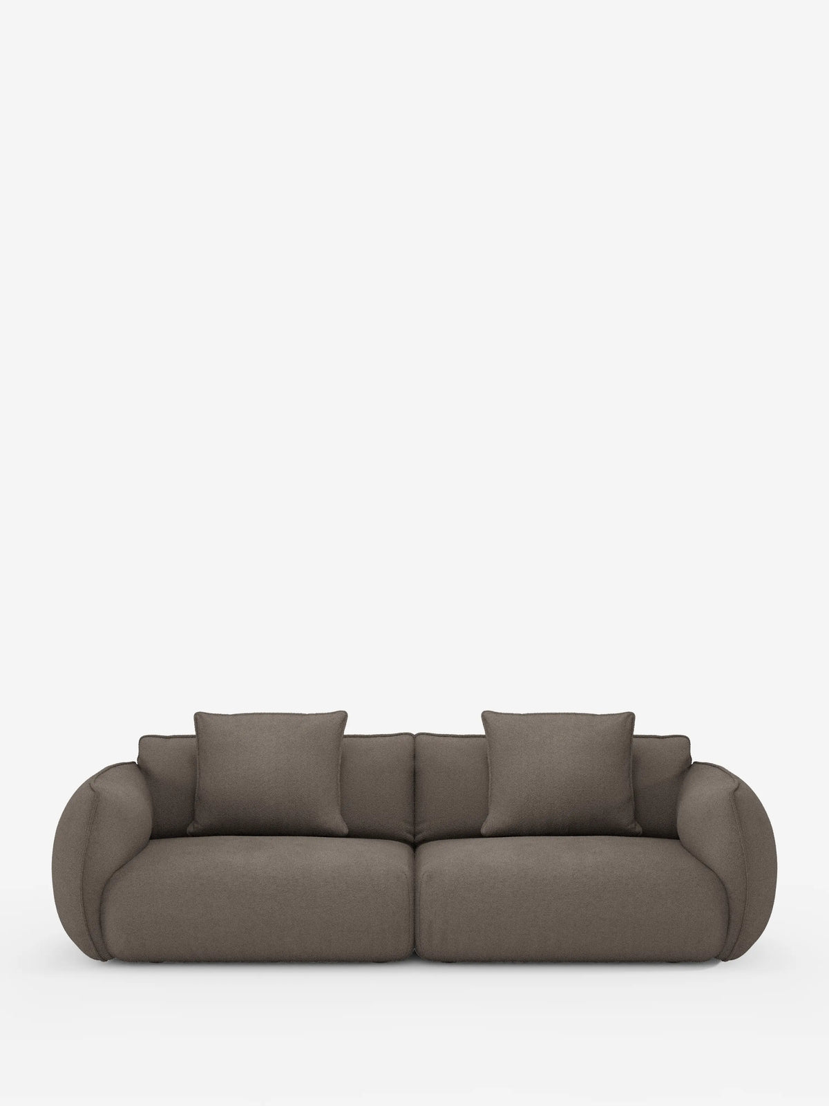 Un divano a 3 posti moderno e minimalista della linea Nimbus, modulare e componibile da 250 cm di divitt.sbs, realizzato in tessuto grigio scuro effetto cotone antimacchia (tessuto smacchiabile effetto cotone t33), caratterizzato da braccioli e schienali morbidi e arrotondati. Questo divano modulare comprende due cuscini di seduta e quattro cuscini quadrati coordinati, che risaltano su uno sfondo bianco a tinta unita.