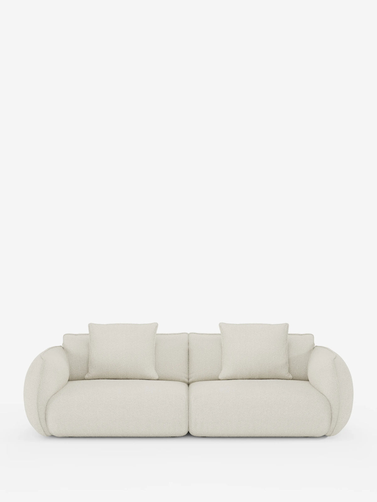Vi presentiamo il divano Nimbus, un modello modulare e componibile a 3 posti di divitt.sbs: un divano moderno e minimalista in beige chiaro, con braccioli arrotondati e due cuscini di seduta. Questo divano modulare da 250 cm è rivestito in tessuto effetto cotone (T33) sfoderabile e resistente alle macchie, include due cuscini quadrati coordinati per lo schienale ed è presentato su uno sfondo bianco a tinta unita per un’estetica pulita e contemporanea.