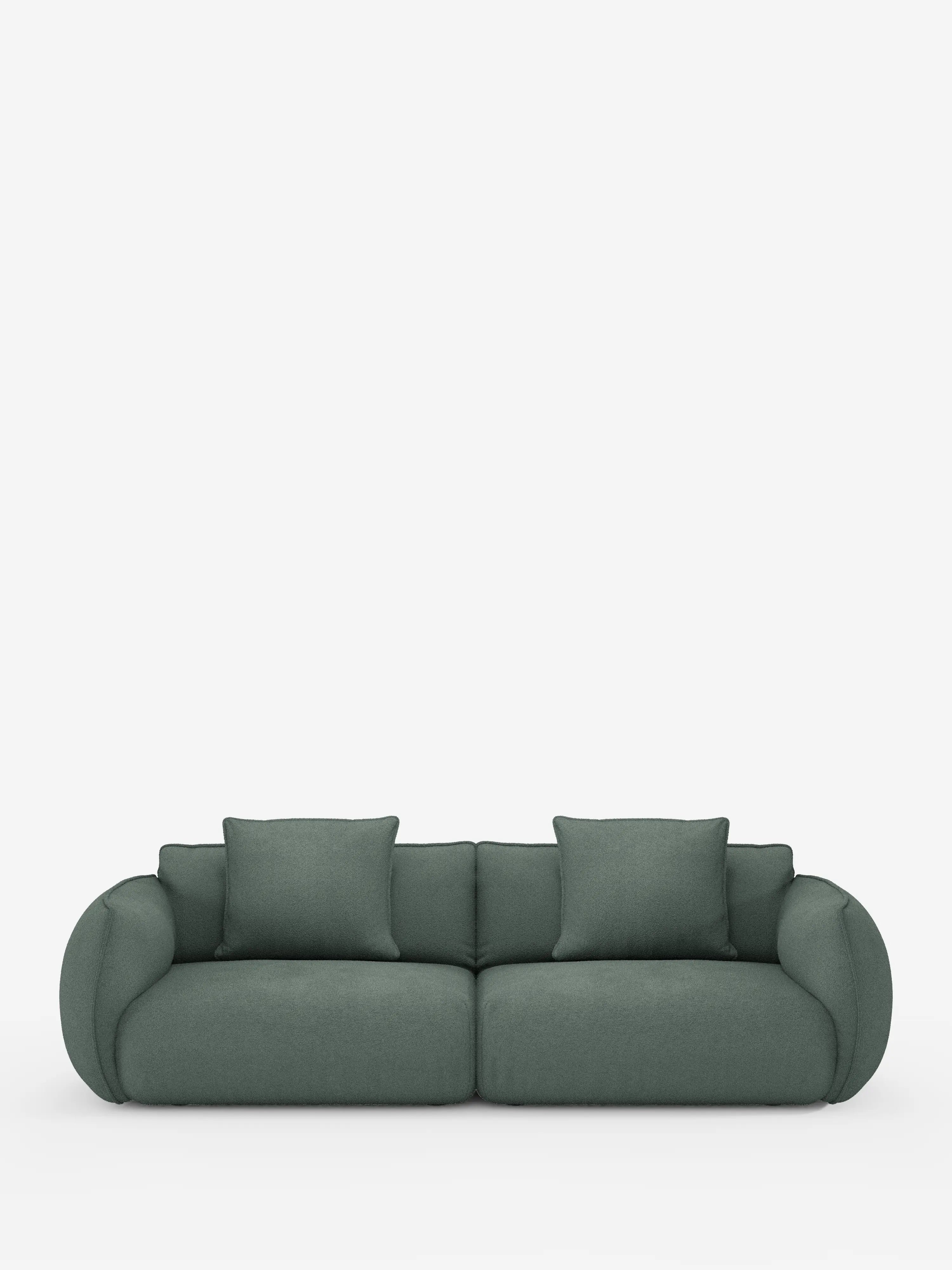 Un moderno divano modulare e componibile a 3 posti Nimbus, colore verde scuro, da 250 cm di divitt.sbs, caratterizzato da braccioli e schienale morbidi e arrotondati. Questo divano minimalista e confortevole presenta due ampi cuscini di seduta e quattro cuscini dello schienale di forma quadrata, rivestiti in tessuto effetto cotone (t33) sfoderabile e resistente alle macchie, su uno sfondo bianco a tinta unita.