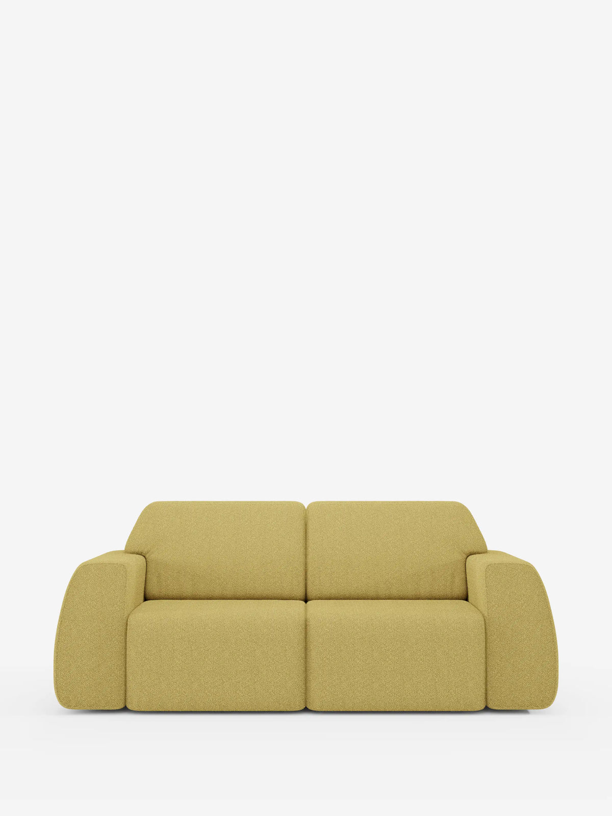 Un divano Orbit moderno e minimalista, nei toni del giallo senape, a 2 e 3 posti con sedute scorrevoli, firmato divitt.sbs, rivestito in morbido tessuto T33 effetto cotone, resistente alle macchie e con fodere completamente sfoderabili, caratterizzato da cuscini morbidi e squadrati e braccioli arrotondati. Su uno sfondo bianco, lo schienale basso e la texture avvolgente del divano gli conferiscono un aspetto accogliente.