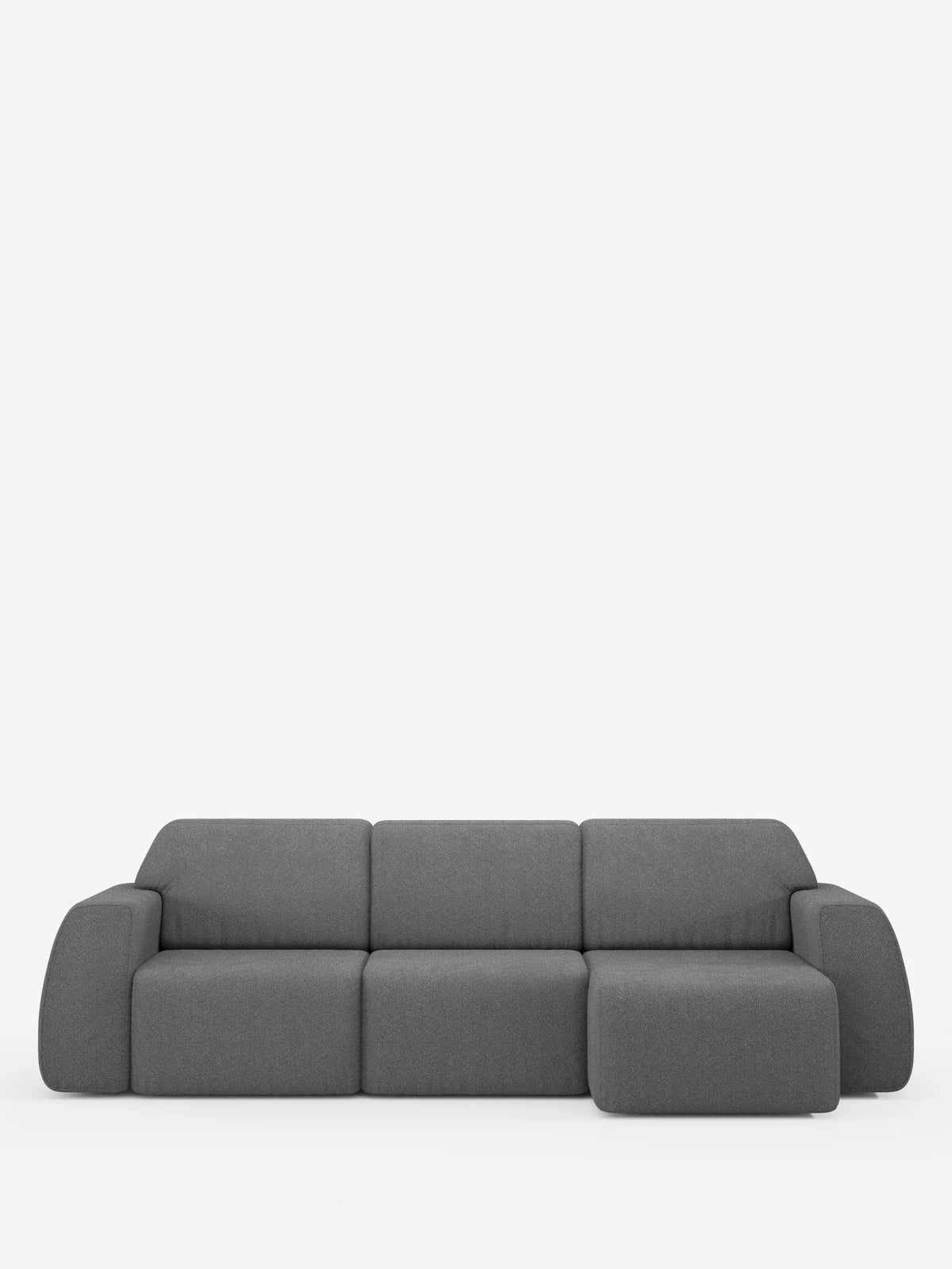 Un moderno divano angolare Orbit di colore grigio scuro, disponibile su divitt.sbs, caratterizzato da una chaise longue reversibile e da sedute allungabili rivestite in tessuto T33 effetto cotone antimacchia, si staglia su uno sfondo bianco a tinta unita. Con ampi braccioli e morbidi cuscini, il design minimalista e contemporaneo riflette l’eleganza di un divano di alta gamma.