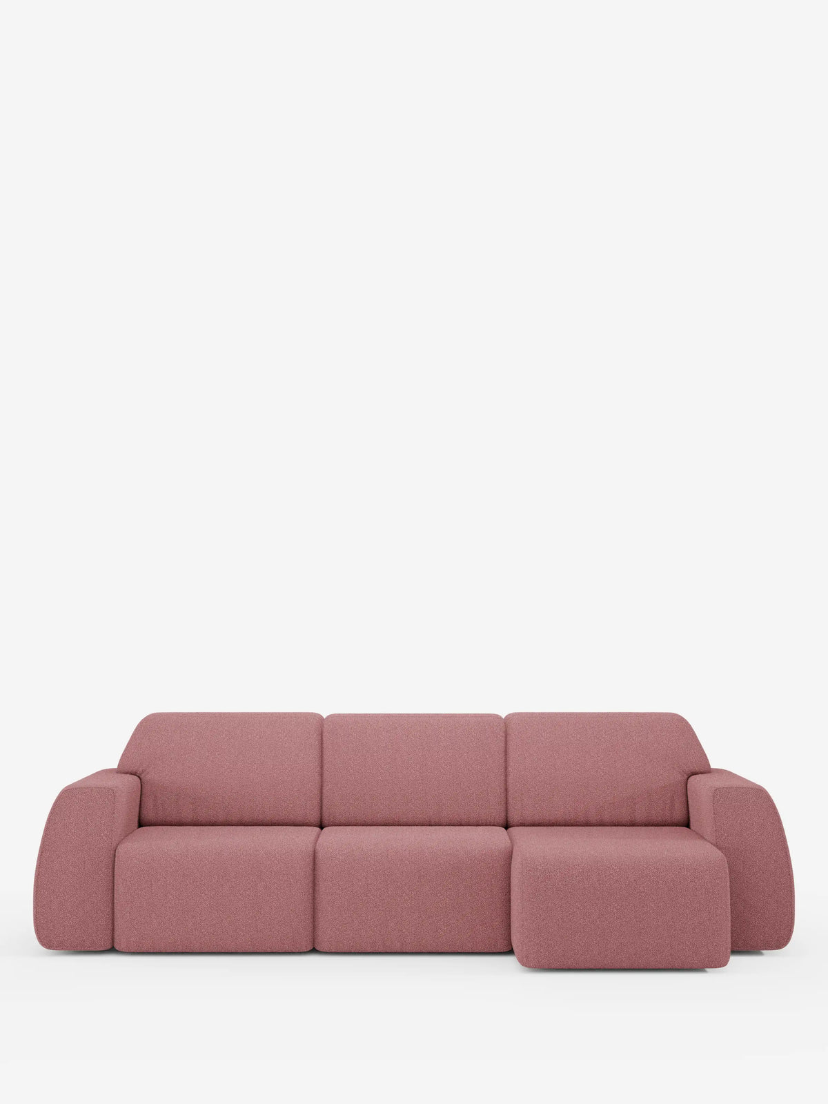 Il divano angolare Orbit con penisola reversibile e tutte le sedute allungabili in tessuto smacchiabile effetto cotone T33 di divitt.sbs è un moderno divano componibile a tre posti rivestito in rosa tenue, caratterizzato da morbidi cuscini rettangolari e braccioli arrotondati. Dotato di una chaise longue reversibile sul lato destro, è esposto su uno sfondo bianco a tinta unita.