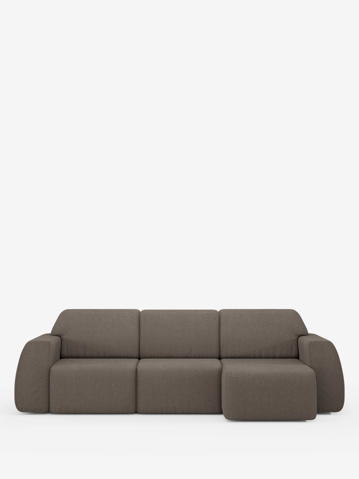 Il divano angolare Orbit con penisola reversibile e tutte le sedute allungabili in tessuto smacchiabile effetto cotone T33 di divitt.sbs è un moderno divano componibile marrone dotato di una chaise longue orientata a destra. Presentato su uno sfondo bianco a tinta unita, questo divano con penisola reversibile offre morbidi cuscini rettangolari per lo schienale e la seduta, abbinati a braccioli arrotondati, che coniugano con naturalezza comfort e stile contemporaneo.