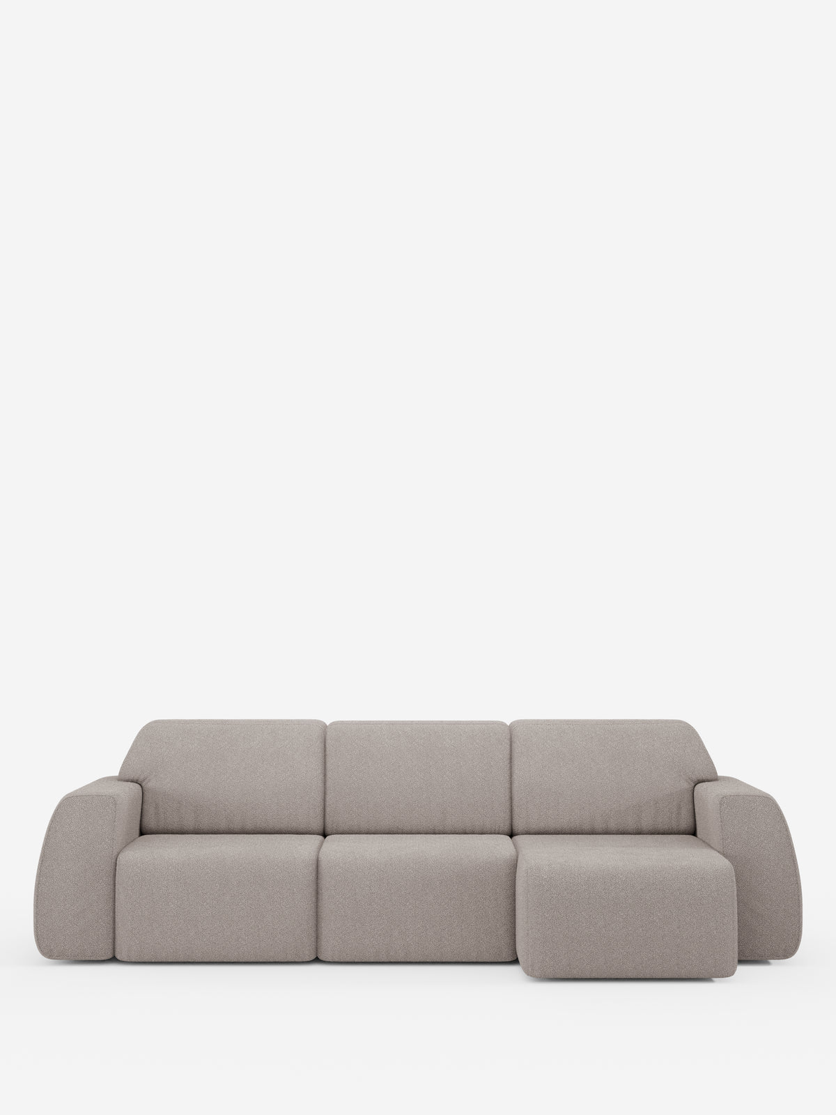 Un divano angolare contemporaneo Orbit con penisola reversibile e tutte le sedute allungabili, rivestito in tessuto smacchiabile effetto cotone T33 di divitt.sbs, qui raffigurato in grigio chiaro con tre cuscini di seduta e una chaise longue integrata sulla destra. Questo divano con penisola reversibile presenta bordi morbidi e arrotondati ed è esposto su uno sfondo bianco a tinta unita.