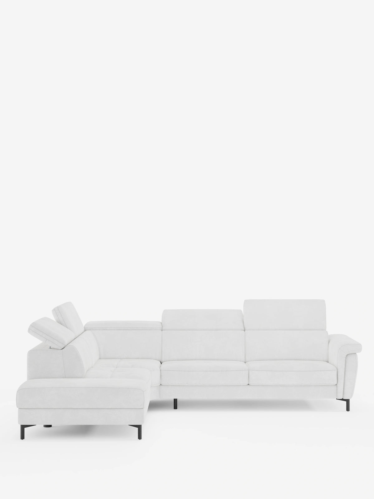 Il divano letto angolare Capri di divitt.sbs è un moderno divano componibile a forma di L di colore grigio chiaro, dotato di poggiatesta regolabili, ampi braccioli ed eleganti gambe in metallo nero. Su uno sfondo bianco a tinta unita, il suo design moderno è valorizzato da una spaziosa chaise longue sul lato sinistro; è rivestito in tessuto di velluto T30 resistente alle macchie e dotato di un materasso ad alte prestazioni.