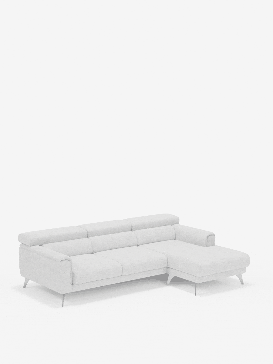Un divano angolare Caravaggio in stile contemporaneo con penisola e sedute scorrevoli in tessuto smacchiabile T31 di divitt.sbs, disponibile in una finitura grigio chiaro. Questo divano componibile presenta una chaise longue orientata a destra, schienali bassi, gambe corte e angolate e linee pulite che ne caratterizzano il design minimalista. Su uno sfondo bianco a tinta unita, le sue sedute scorrevoli garantiscono comfort personalizzabile e flessibilità.
