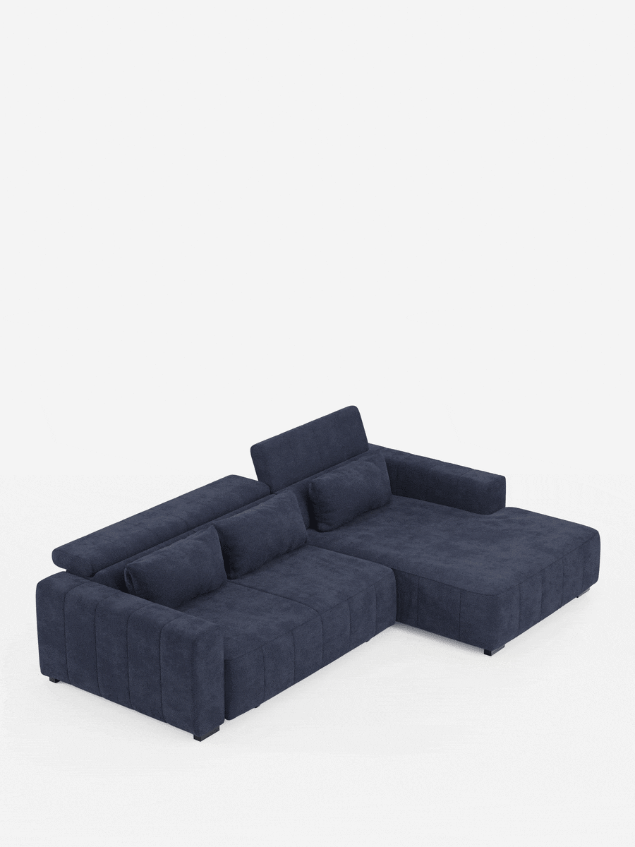Scopri l'eleganza moderna con il divano angolare con penisola e sedute allungabili della linea Doric, dotato di sedili reclinabili elettricamente, poggiatesta regolabili e tessuto T23 resistente alle macchie. Questo divano componibile blu navy di divitt.sbs è dotato di tre cuscini lombari e di eleganti gambe basse nere, che risaltano magnificamente su uno sfondo bianco a tinta unita.