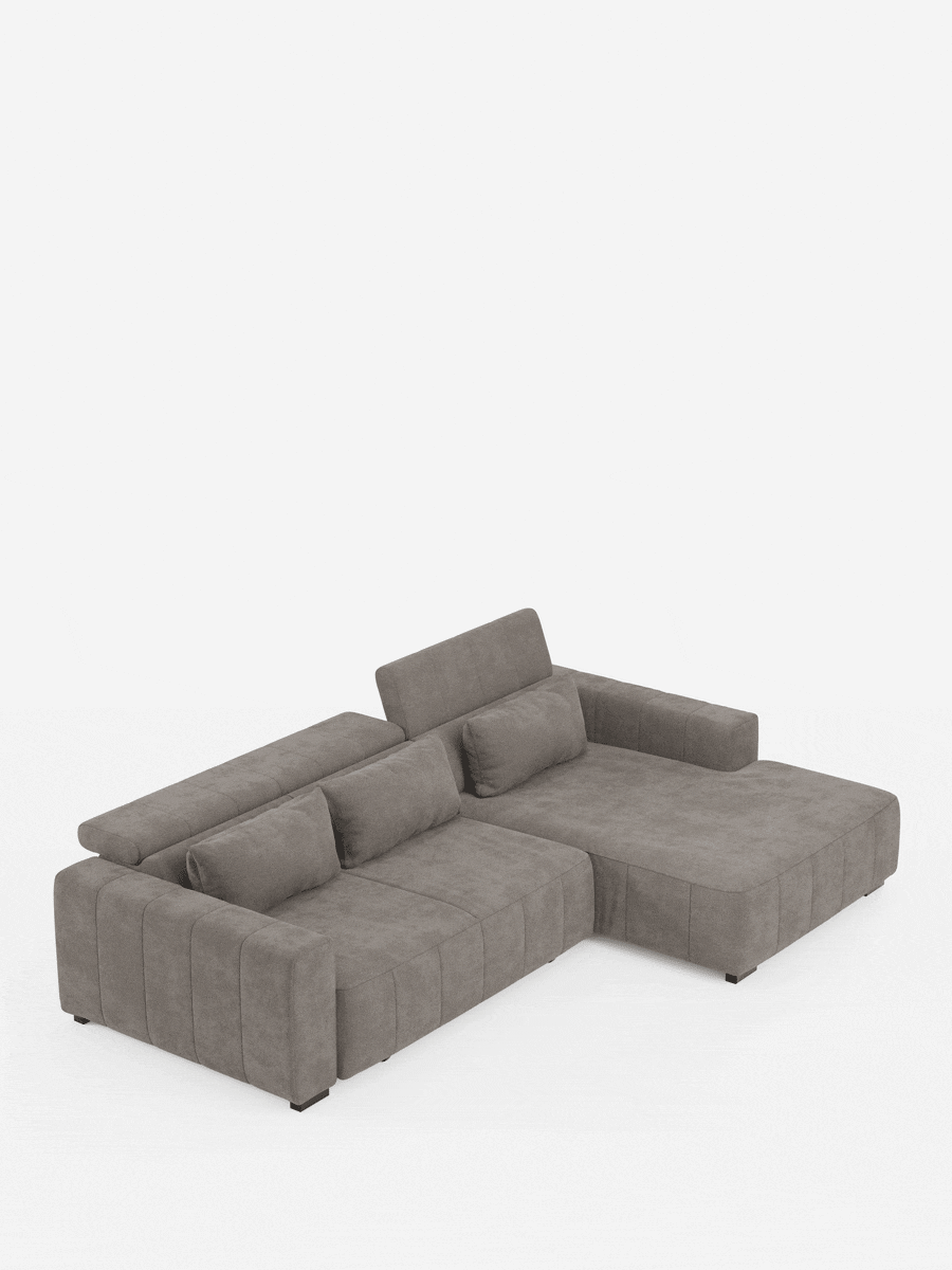 Doric Sofá esquinero con chaise longue y asientos extensibles con relax eléctrico - reposacabezas reclinables en tejido antimanchas T23