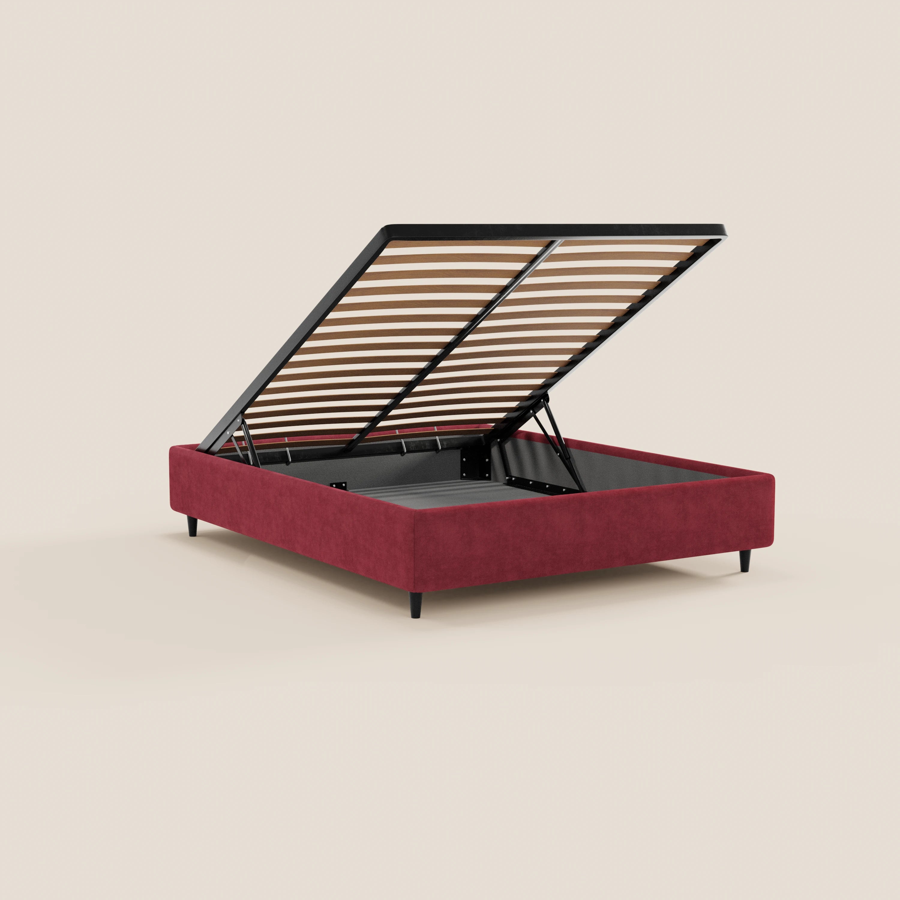Il letto sommier imbottito ERON di Letti.store è caratterizzato da un tessuto impermeabile rosso certificato Oeko-Tex, da sottili gambe nere e da una base a doghe sollevabile che rivela un ampio vano contenitore. Il suo design semplice e moderno è privo di testiera ed è raffigurato su uno sfondo beige.