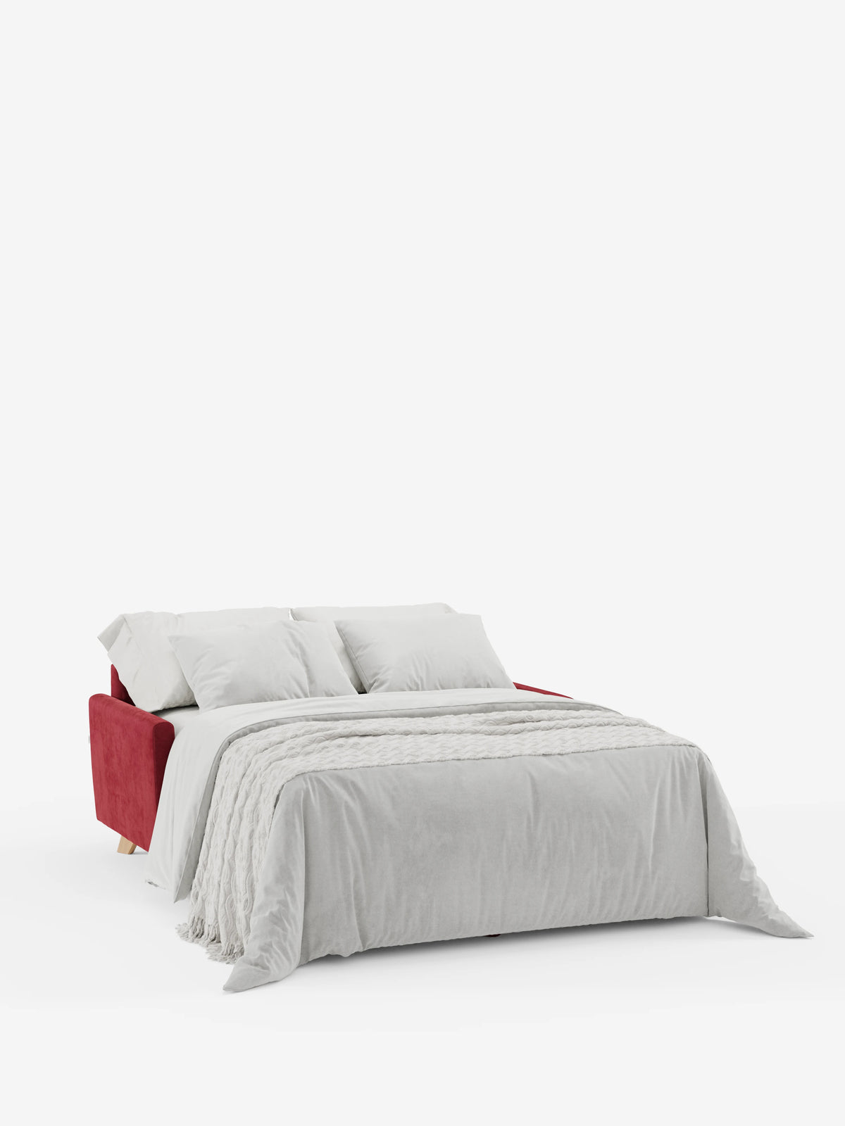 Il divano letto Francy con poggiatesta regolabili di divitt.sbs, rivestito con un elegante tessuto T30 resistente alle macchie e dotato di fodere completamente sfoderabili, è raffigurato nella versione da letto. È abbellito da biancheria da letto di un bianco brillante, due cuscini bianchi e una coperta grigio chiaro con trama in rilievo, disposta con cura sul letto. Sullo sfondo bianco a tinta unita, le linee pulite e il design moderno del letto risaltano in modo particolare.