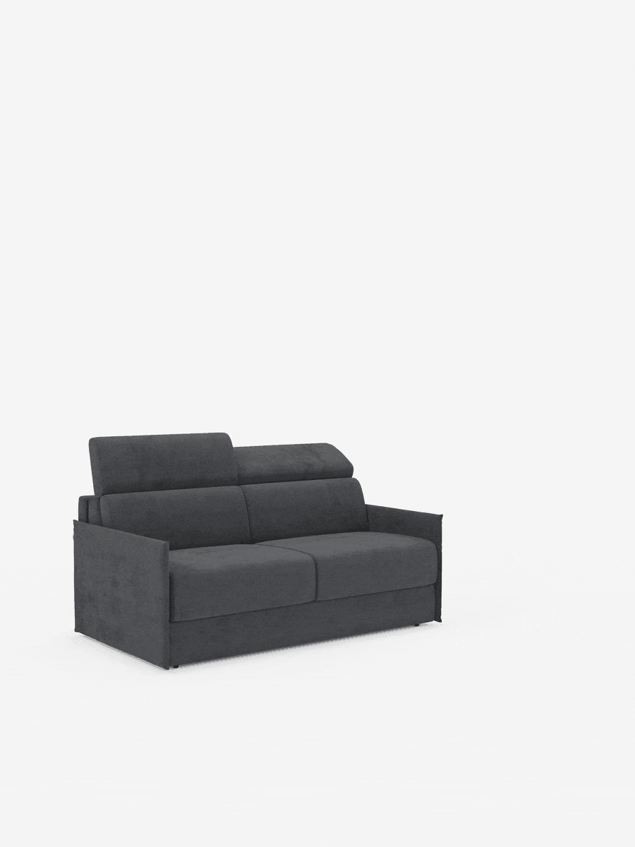 L'elegante e contemporaneo divano letto Miryam con poggiatesta reclinabili e comfort maxi di divitt.sbs è presentato su uno sfondo bianco a tinta unita. Caratterizzato da linee pulite, braccioli dritti e un design compatto in tessuto morbido smacchiabile T31 grigio scuro, questo divano incarna perfettamente uno stile minimal contemporaneo grazie alla seduta e allo schienale imbottiti che garantiscono il massimo comfort.