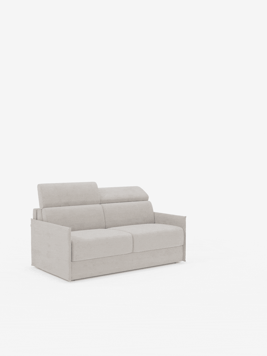 Un divano letto Miryam color beige chiaro con poggiatesta reclinabili e comfort maxi di divitt.sbs, caratterizzato da un design compatto in morbido tessuto smacchiabile T31, si staglia su uno sfondo bianco a tinta unita. Questo divano a due posti presenta linee pulite e moderne, una silhouette squadrata e cuscini di seduta spessi, per un look minimal e contemporaneo in puro stile minimal contemporaneo.