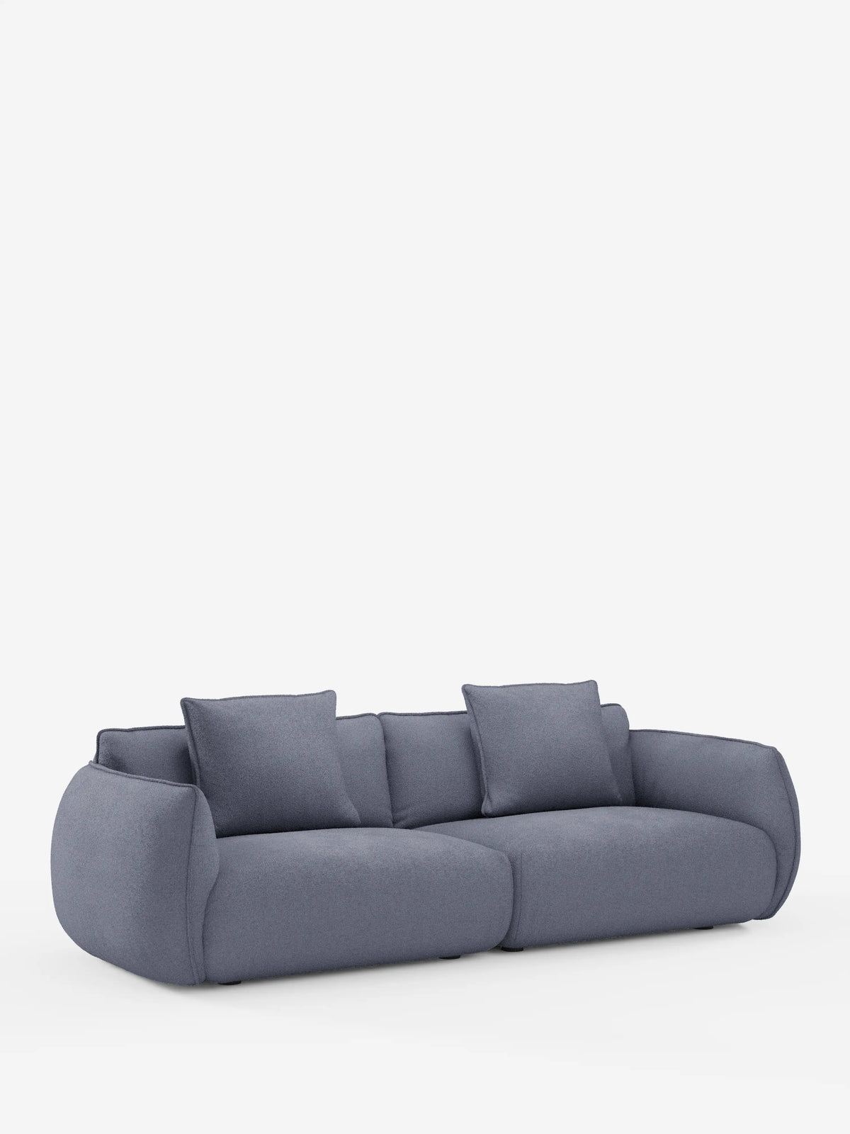 Un divano a 3 posti modulare e componibile Nimbus dallo stile minimalista e contemporaneo, lungo 250 cm, di divitt.sbs, rivestito in tessuto effetto cotone (t33) di colore blu-grigio intenso e resistente alle macchie. Questo divano moderno è dotato di due cuscini di seduta e tre cuscini dello schienale abbinati, con braccioli ampi e morbidi e uno schienale basso e arrotondato. Qui raffigurato su uno sfondo bianco a tinta unita.