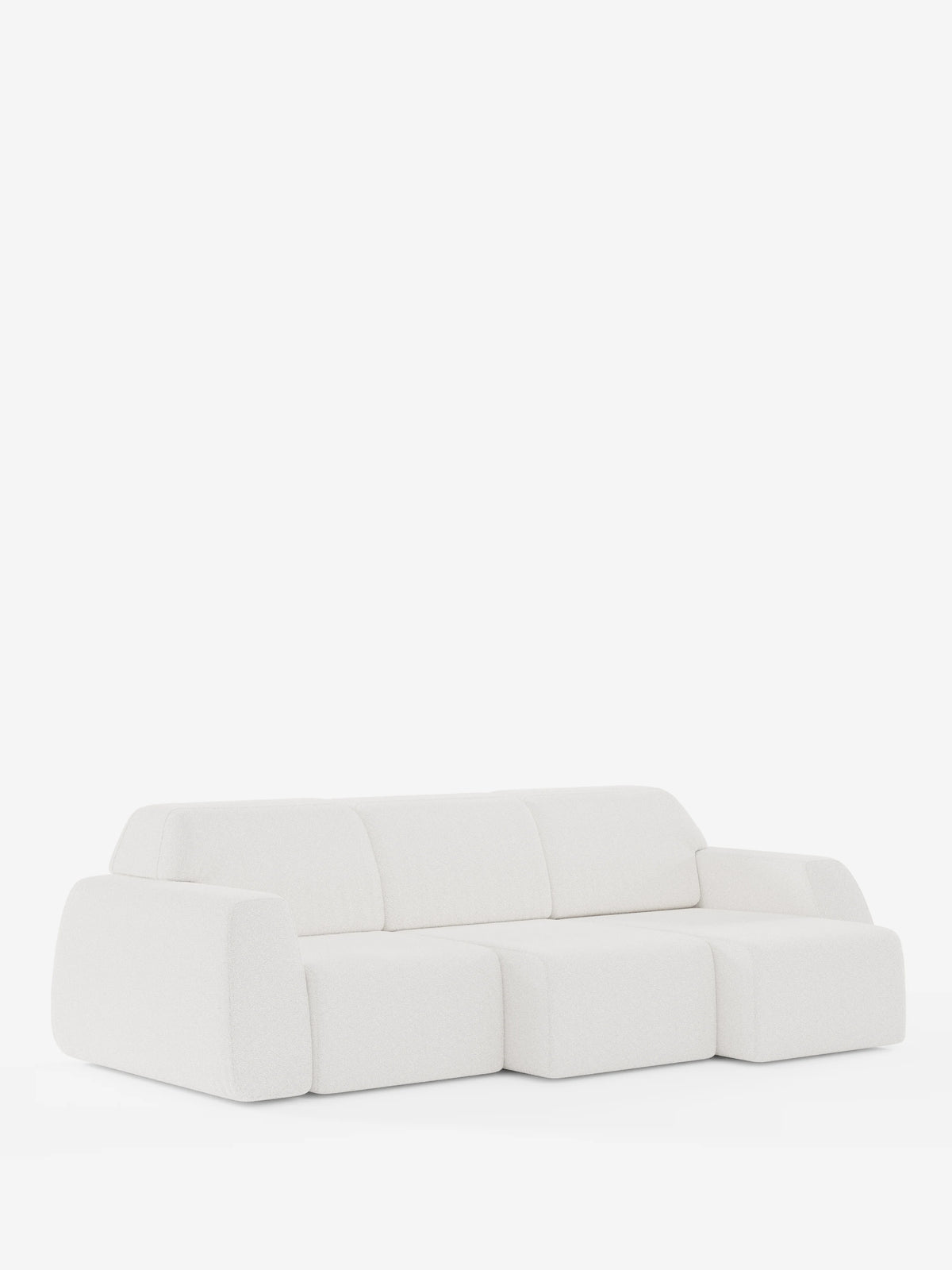 Un divano Orbit contemporaneo e modulare con 3 sedute scorrevoli e allungabili in tessuto effetto cotone smacchiabile T33 di divitt.sbs, qui presentato in bianco con un design minimalista. Il divano presenta bordi arrotondati, cuscini spessi e sedute scorrevoli indipendenti per un comfort personalizzabile. È completamente sfoderabile per una facile manutenzione ed è presentato su uno sfondo bianco a tinta unita, senza gambe visibili né elementi decorativi.