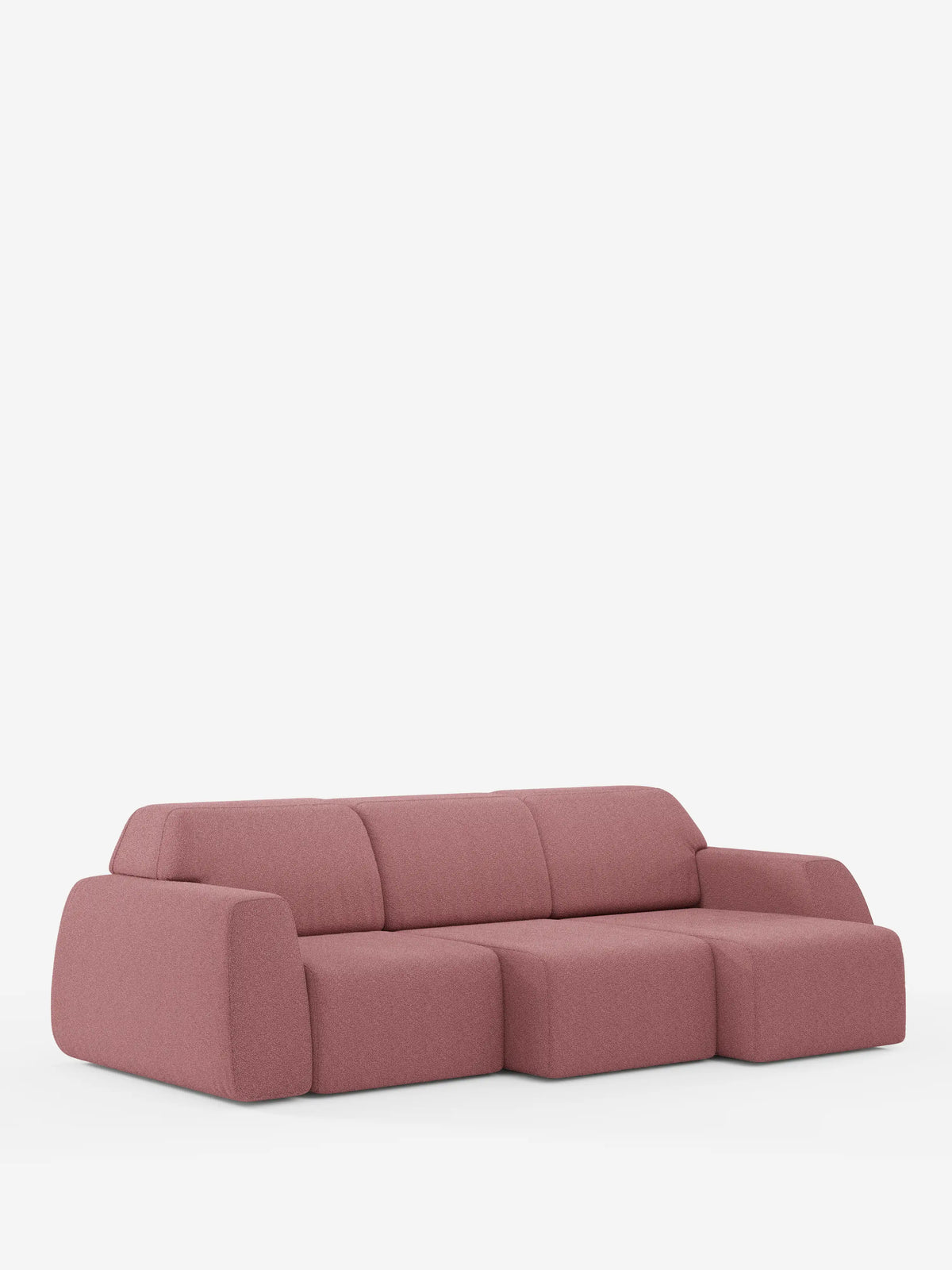 Vi presentiamo il divano Orbit con 3 sedute scorrevoli e allungabili in tessuto effetto cotone smacchiabile T33 di divitt.sbs: un divano modulare rosa moderno e minimalista a 4 posti, con bordi arrotondati e tre cuscini dello schienale. Questo divano componibile è dotato di una chaise longue allungabile, sedute regolabili individualmente (sedute scorrevoli indipendenti) per un comfort personalizzato e rivestimenti sfoderabili e versatili. Qui raffigurato su uno sfondo bianco a tinta unita.