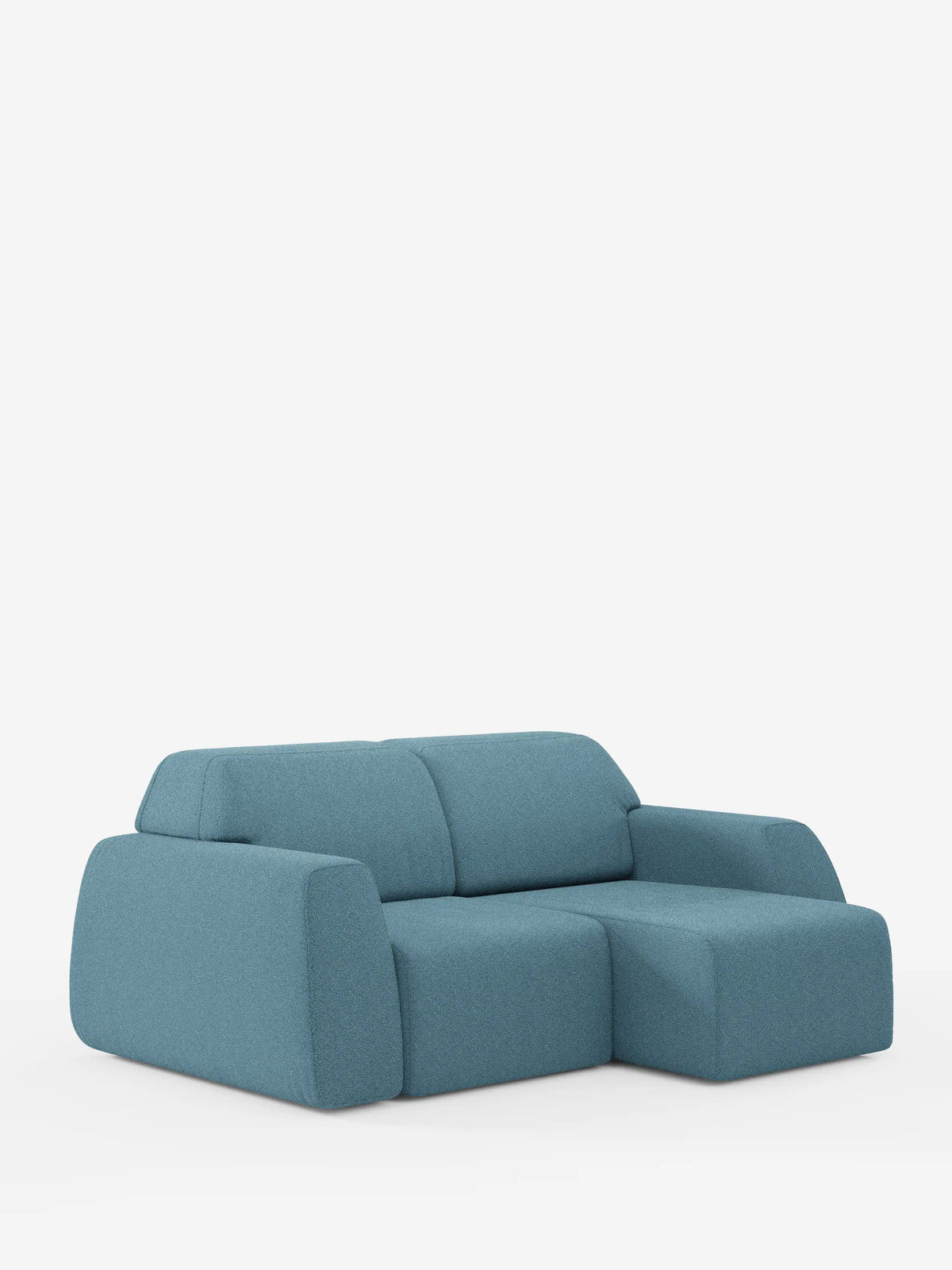 Il divano a 3 posti Orbit con sedute scorrevoli di divitt.sbs presenta un design modulare moderno in blu-verde acqua, con cuscini spessi, ampi braccioli e una sezione chaise longue orientata a destra. Lo schienale è leggermente inclinato per garantire il massimo comfort, mentre il divano — completamente sfoderabile in tessuto smacchiabile effetto cotone T33 — sfoggia uno stile minimalista e contemporaneo e si distingue su uno sfondo bianco a tinta unita.