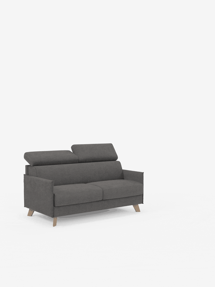 Un "Sole divano letto matrimoniale" compatto e moderno, di colore grigio scuro, firmato divitt.sbs, dotato di due cuscini di seduta, due cuscini dello schienale e poggiatesta regolabili. Rivestito in tessuto T23 facile da pulire e resistente alle macchie, con fodere completamente sfoderabili, poggia su gambe in legno chiaro. Lo sfondo bianco a tinta unita mette in risalto questo elegante divano in stile scandinavo, rendendolo il punto focale dell’immagine.