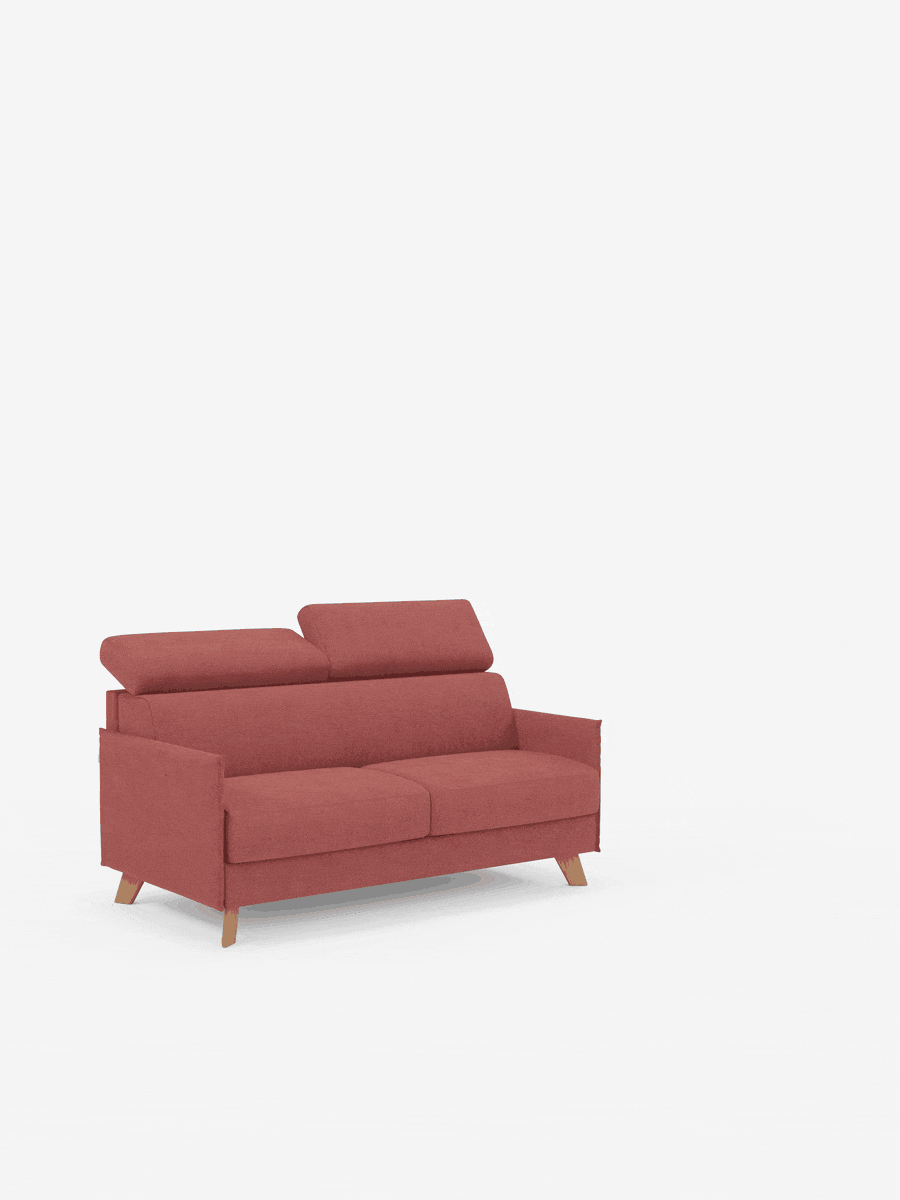 Un divano letto matrimoniale contemporaneo della linea Sole di divitt.sbs, di colore rosso e con gambe in legno, è esposto su uno sfondo bianco. Questo divano dal design compatto è dotato di due cuscini di seduta, due cuscini dello schienale, poggiatesta regolabili (reclinabili) e linee pulite e minimaliste. È completamente sfoderabile e rivestito in tessuto T23 antimacchia, per un’eleganza all’insegna della praticità.