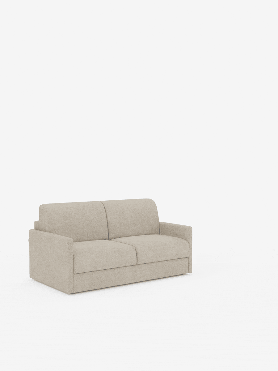 Immagine animata del divano letto Tommy Divano a 2 e 3 posti matrimoniale di divitt.sbs, realizzato in tessuto T33 beige simile al cotone e facile da pulire, che si trasforma agevolmente da divano compatto con braccioli sottili a letto e viceversa. Lo sfondo bianco a tinta unita mette in risalto il suo design moderno e il meccanismo di apertura del divano letto.