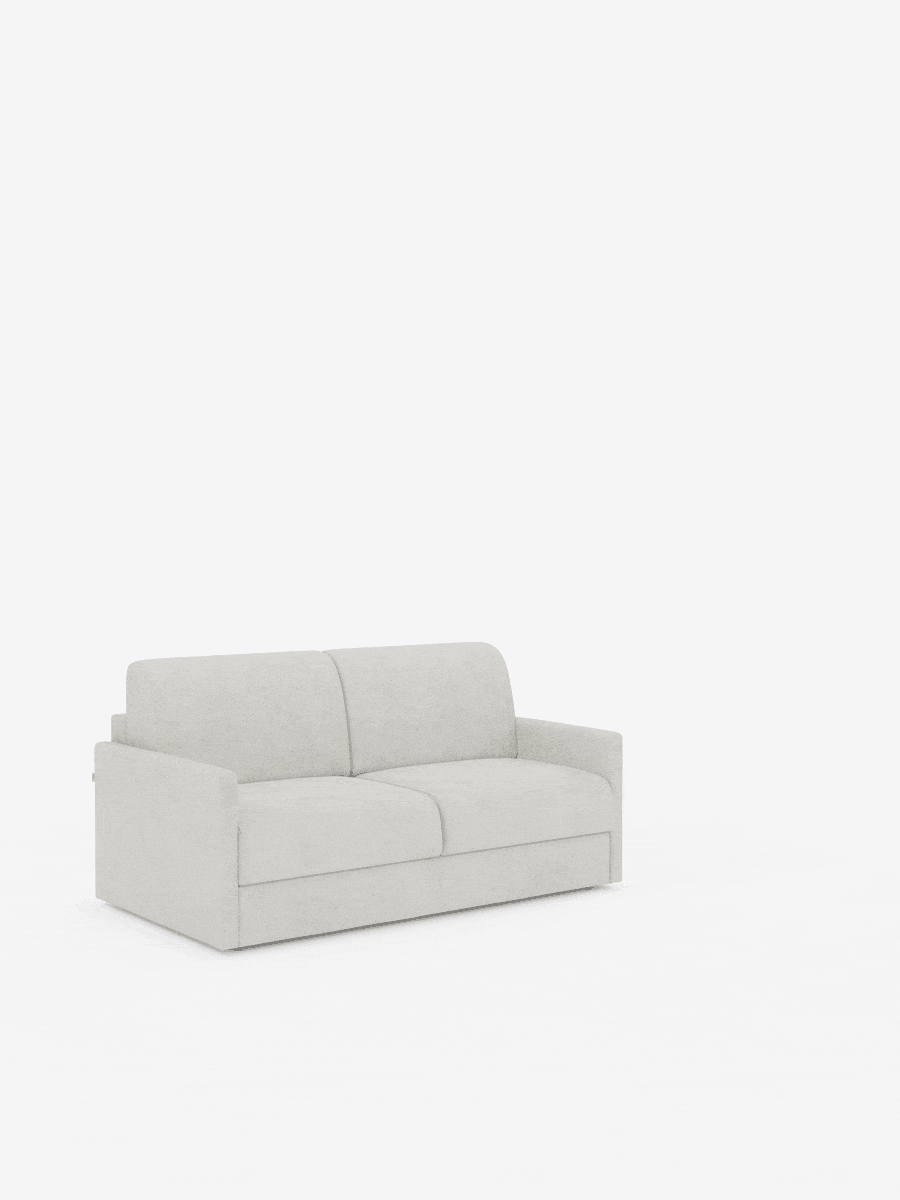 Animazione del divano letto Tommy di divitt.sbs, a 2 e 3 posti matrimoniale in grigio chiaro, realizzato in tessuto T33 simile al cotone, 100% sfoderabile e resistente alle macchie, che si trasforma senza soluzione di continuità da un divano compatto a un ampio letto queen-size. I cuscini dello schienale vengono rimossi, la seduta si estrae agevolmente e un materasso si dispiega per completare la trasformazione, il tutto su uno sfondo bianco a tinta unita.
