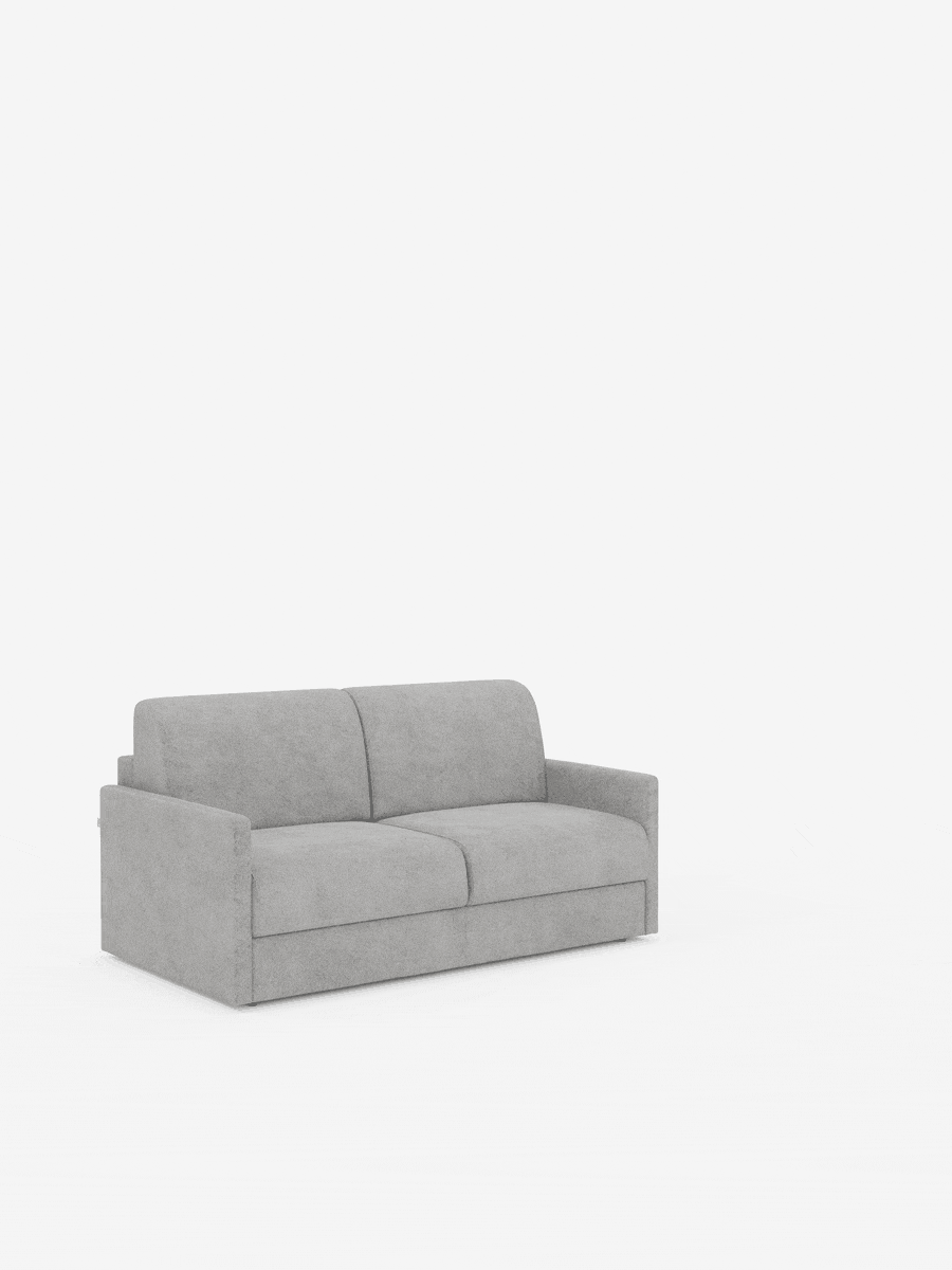 Vi presentiamo il divano letto Tommy Divano a 2 e 3 posti matrimoniale di divitt.sbs: un divano letto elegante e contemporaneo, rivestito in un moderno tessuto misto cotone grigio chiaro antimacchia (tessuto simil cotone smacchiabile T33). Caratterizzato da due cuscini di seduta e due cuscini dello schienale appoggiati su braccioli sottili e dritti, questo modello con rivestimento completamente sfoderabile trasuda uno stile minimalista. Immagine raffigurata su sfondo bianco senza altri oggetti visibili.