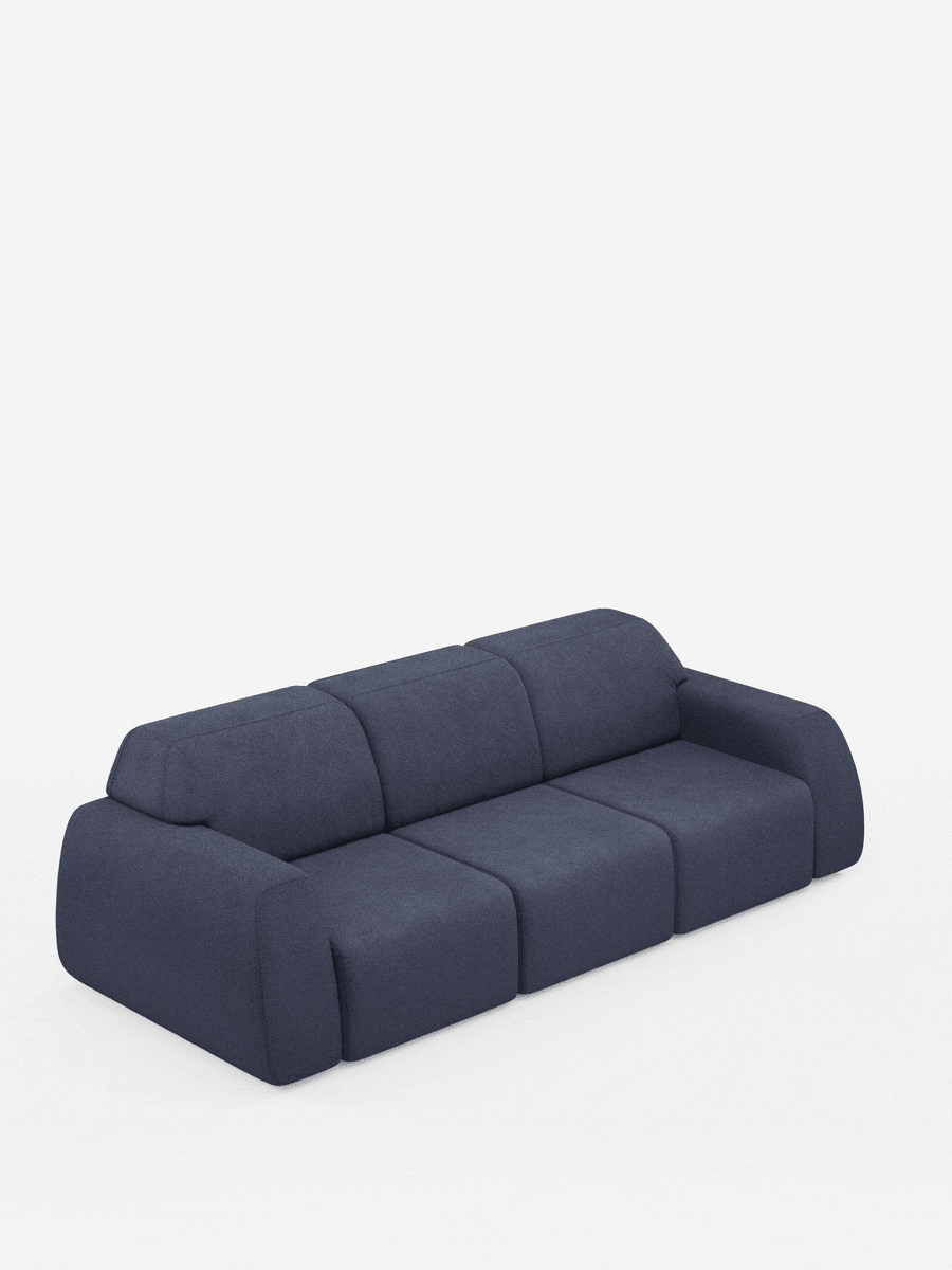 Il divano Orbit con 3 sedute scorrevoli e allungabili di divitt.sbs è un divano moderno e modulare di colore blu navy, dotato di tre sedute scorrevoli e allungabili in modo indipendente. Il suo design minimalista è caratterizzato da un rivestimento in tessuto T33 liscio effetto cotone e resistente alle macchie, da bordi arrotondati e imbottiti e da un aspetto senza soluzione di continuità, senza gambe visibili. Completamente sfoderabile per una facile pulizia, questo elegante divano risalta