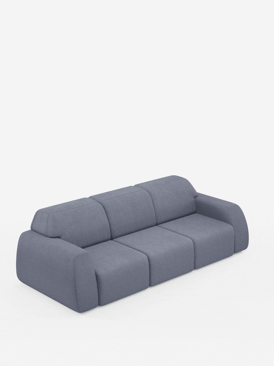 Il divano Orbit con 3 sedute scorrevoli e allungabili in tessuto effetto cotone smacchiabile T33 di divitt.sbs è un divano moderno e minimalista in tessuto grigio chiaro, caratterizzato da tre sedute spaziose dai bordi morbidi e arrotondati. Su uno sfondo bianco a tinta unita, i suoi contorni morbidi e il profilo basso trasmettono un senso di comfort contemporaneo. Questo modello è completamente sfoderabile per facilitare la pulizia e la manutenzione senza comprometterne lo stile sofisticato.