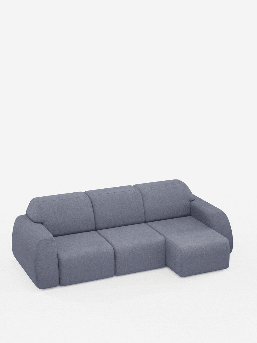 Vi presentiamo Orbit, il divano angolare con penisola reversibile e tutte le sedute allungabili in tessuto smacchiabile effetto cotone T33 di divitt.sbs: un divano componibile moderno e dal profilo basso, dotato di una chaise longue reversibile e rivestito in tessuto grigio testurizzato effetto cotone, resistente alle macchie. Con i suoi braccioli e bordi arrotondati, questo divano risalta su uno sfondo bianco a tinta unita, incarnando il comfort e la versatilità contemporanei.