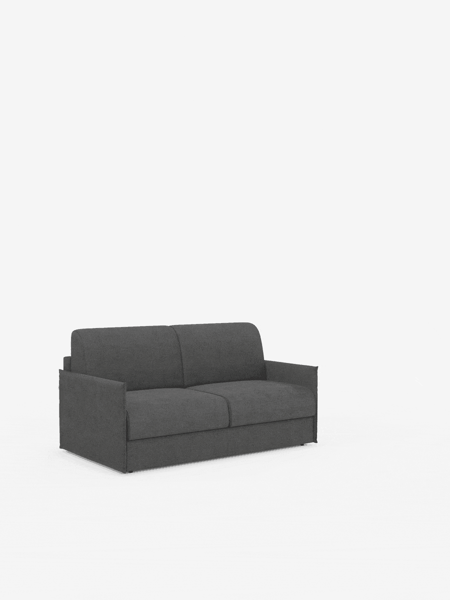 Un divano letto matrimoniale sfoderabile Evans di divitt.sbs, in grigio scuro e dallo stile moderno, è posto al centro di uno sfondo bianco a tinta unita. Caratterizzato da braccioli e schienali dritti, linee pulite, morbidi cuscini di seduta e schienale, gambe invisibili e un design compatto con un pratico vano porta-cuscini in tessuto T23 facile da pulire, questo divano si integra perfettamente in qualsiasi ambiente. L’allestimento è minimale e privo di qualsiasi altro oggetto o elemento decorativo.