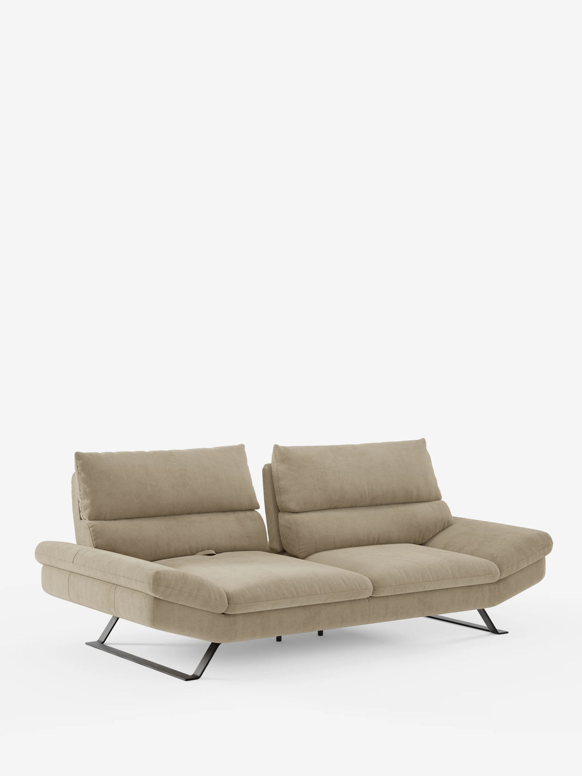 Vi presentiamo il divano Eclipse dal design moderno di divitt.sbs: un divano contemporaneo color beige disponibile nella versione a 2 o 3 posti, caratterizzato da schienali traslanti regolabili, morbidi cuscini e eleganti piedini alti con finitura in titanio. Realizzato in elegante microfibra T11 resistente alle macchie, con linee minimaliste e bordi morbidi e arrotondati, è messo in risalto su uno sfondo bianco a tinta unita.
