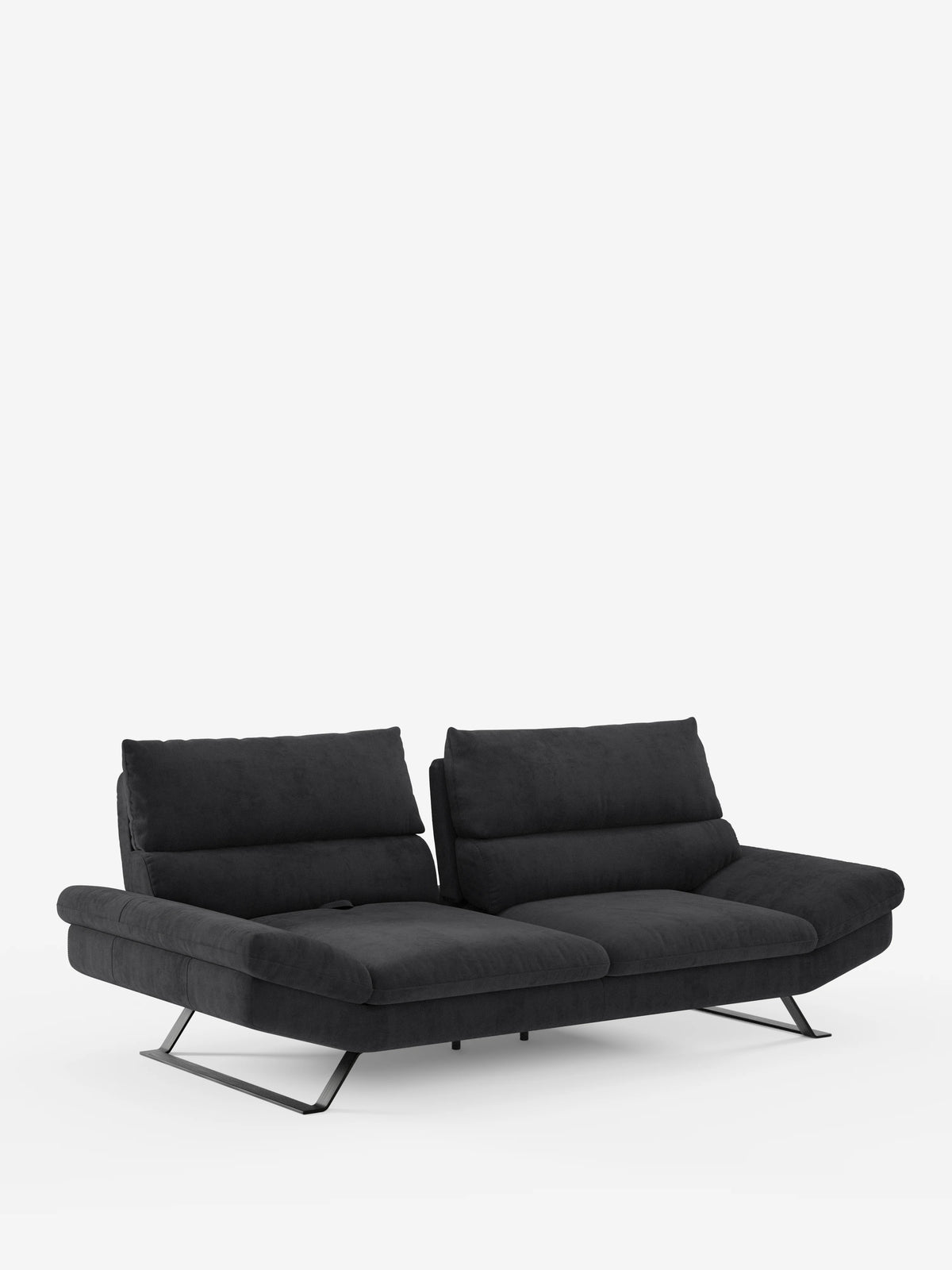 Un moderno divano Eclipse nero a 2 posti dal design contemporaneo di divitt.sbs, caratterizzato da due ampie sedute imbottite, gambe in metallo inclinate (piedini alti) e schienali traslanti regolabili per un comfort personalizzabile, rivestito in elegante microfibra T11 resistente alle macchie e presentato su uno sfondo bianco a tinta unita.