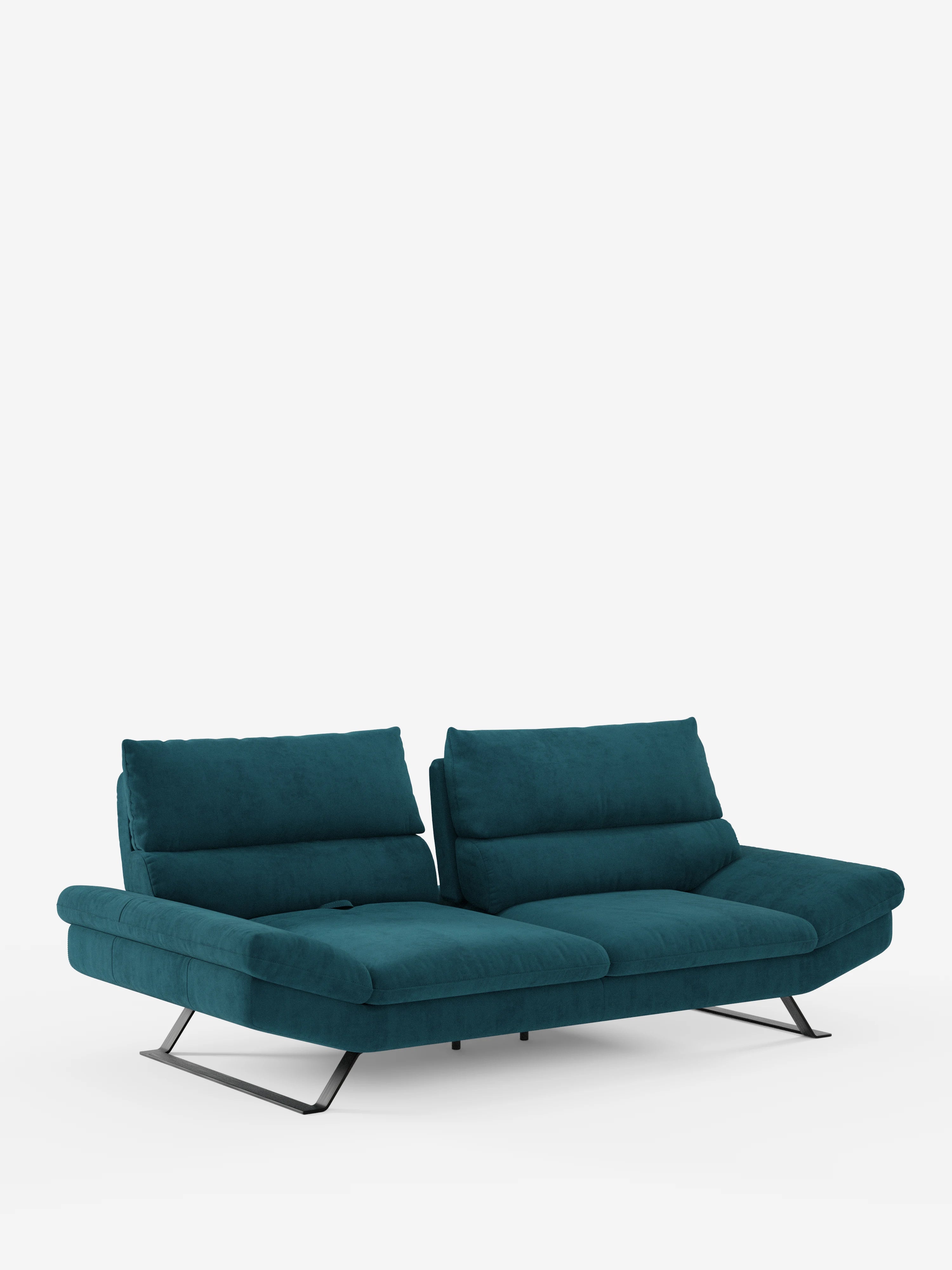 Vi presentiamo il divano Eclipse dal design moderno di divitt.sbs: un divano contemporaneo color verde acqua, disponibile nelle versioni a 2 e 3 posti, realizzato in elegante microfibra T11 resistente alle macchie. Questo divano contemporaneo di grande stile è dotato di morbidi cuscini, poggiatesta regolabili, schienali traslanti per un comfort personalizzabile e piedini alti angolati in metallo. La silhouette moderna e dal profilo basso si staglia su uno sfondo bianco a tinta unita.