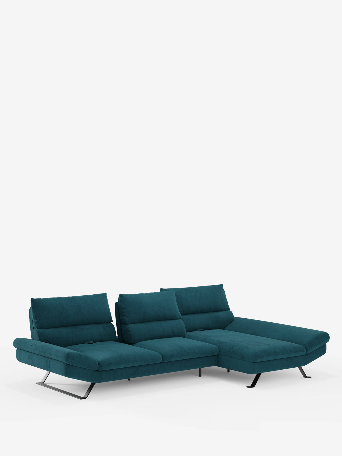 Il divano angolare Eclipse con penisola e schienali traslanti in microfibra tecnica smacchiabile T11 di divitt.sbs è un divano componibile contemporaneo color verde acqua a tre posti con chaise longue a destra, sostenuto da eleganti gambe in metallo nero. Il divano è dotato di schienali traslanti con poggiatesta regolabili e morbidi cuscini, il tutto su uno sfondo bianco a tinta unita.