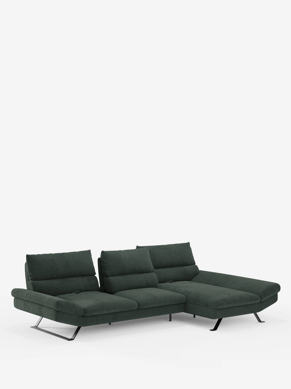 Il divano angolare Eclipse con penisola e schienali regolabili in microfibra tecnica smacchiabile T11 di divitt.sbs presenta un design contemporaneo con schienali regolabili, una chaise longue sul lato destro, eleganti gambe in metallo e linee pulite e minimaliste. In primo piano su uno sfondo bianco, ne risaltano la silhouette moderna e i morbidi cuscini.