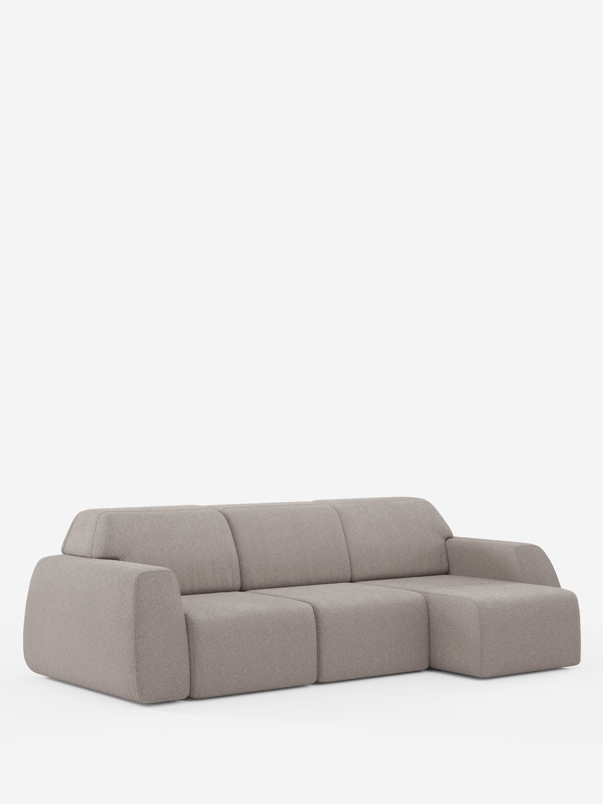 Un divano componibile contemporaneo di colore grigio chiaro, l’Orbit Divano angolare con penisola reversibile e tutte le sedute allungabili in tessuto smacchiabile effetto cotone T33 di divitt.sbs, si caratterizza per i bordi arrotondati e morbidi e i cuscini soffici. Questo modello di alta gamma include una chaise longue reversibile ed è presentato su uno sfondo bianco a tinta unita.