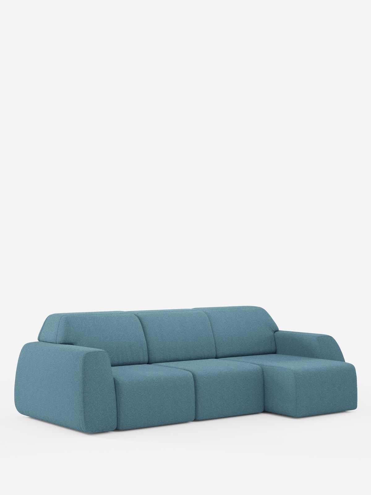 Un divano angolare Orbit contemporaneo di divitt.sbs, caratterizzato da una chaise longue reversibile (penisola), sedute completamente estraibili, morbido tessuto blu antimacchia con effetto cotone (T33) e bordi arrotondati, presentato su uno sfondo bianco a tinta unita.