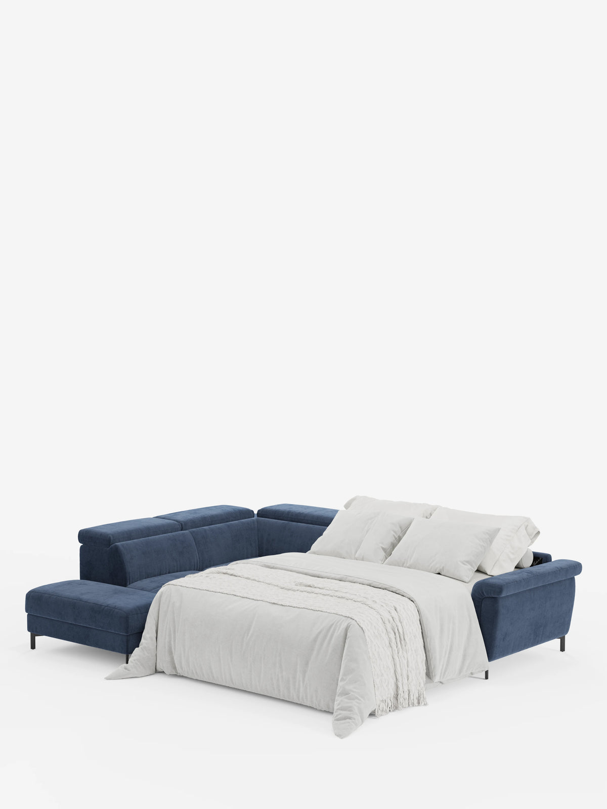 Il divano letto angolare Capri con poggiatesta reclinabili e materasso ad alte prestazioni in tessuto vellutino smacchiabile T30 di divitt.sbs è raffigurato nella versione aperta come letto. Il letto è rifatto con un piumone bianco e due grandi cuscini bianchi, su uno sfondo completamente bianco che mette in risalto il design pulito, minimalista e moderno del prodotto.