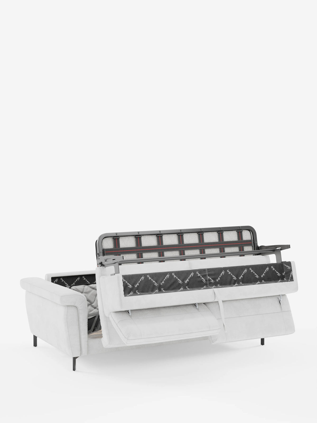 Il divano letto di design Capri con piedini alti di divitt.sbs è presentato in grigio chiaro, parzialmente aperto per rivelare il meccanismo a letto estraibile nascosto, con i supporti metallici interni e la struttura del materasso a vista. Rivestito con un lussuoso tessuto effetto velluto smacchiabile T30, facile da pulire, e dotato di eleganti poggiatesta reclinabili, questo divano coniuga uno stile sofisticato e un comfort eccezionale su uno sfondo bianco a tinta unita.