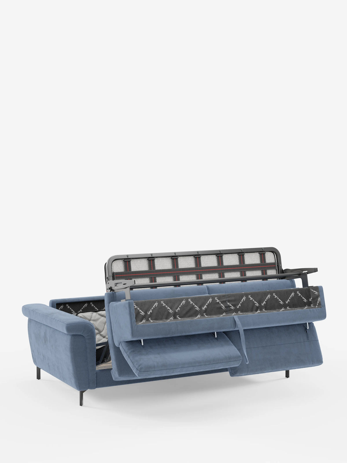 Il divano letto di design Capri di divitt.sbs è qui presentato nella versione blu, con gambe alte in metallo e poggiatesta regolabili. Raffigurato parzialmente aperto, rivela un meccanismo estraibile e un ampio vano contenitore sotto la zona di seduta. Rivestito con il raffinato tessuto effetto velluto smacchiabile T30, resistente alle macchie e realizzato con la migliore maestria artigianale italiana, la seduta si trasforma facilmente in un comodo letto. Lo sfondo è bianco a tinta unita.