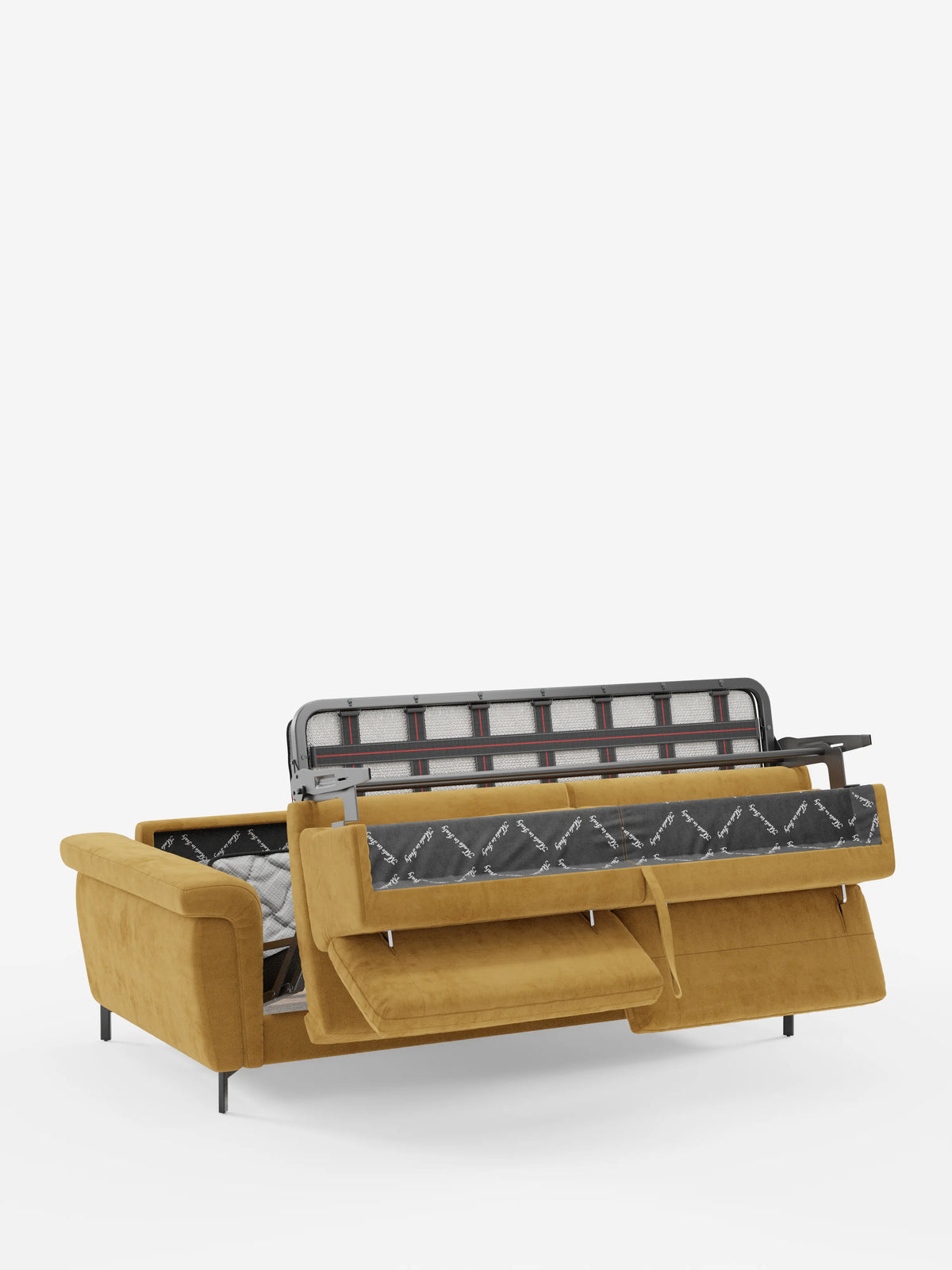 Il divano letto di design Capri di divitt.sbs, rivestito con il raffinato tessuto T30 effetto velluto resistente alle macchie, è presentato nella finitura giallo senape. Il divano è dotato di due braccioli, gambe alte in metallo nero e poggiatesta regolabili. Sollevando la seduta si scopre una struttura letto pieghevole in metallo e un materasso riposto al suo interno, il tutto su uno sfondo bianco a tinta unita.