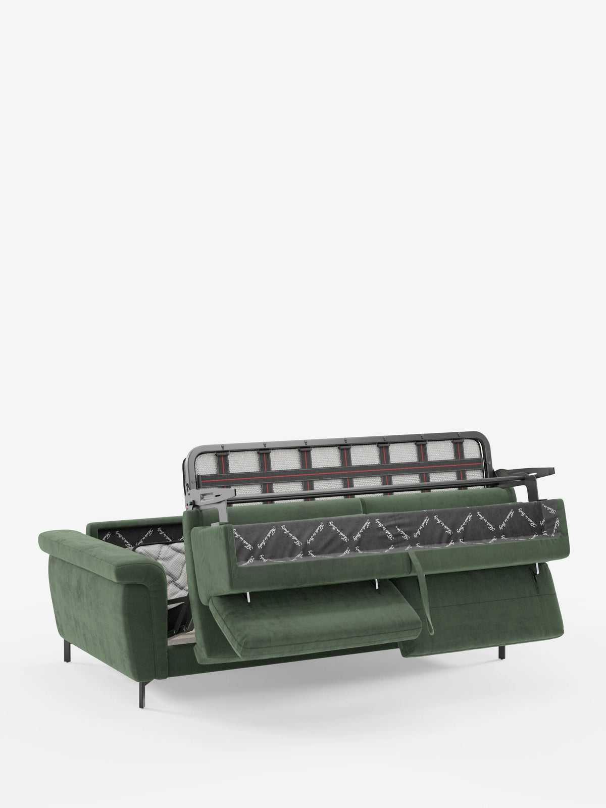 Il divano letto di design “Capri” di divitt.sbs, di colore verde, caratterizzato da piedini alti neri e poggiatesta reclinabili, è raffigurato parzialmente aperto in configurazione letto. I cuscini della seduta e dello schienale, realizzati in raffinato tessuto effetto velluto smacchiabile T30, sono sollevati per rivelare la struttura in metallo e il meccanismo interno del materasso. Su uno sfondo bianco a tinta unita, questo versatile divano mette in risalto l’eleganza della manifattura italiana.