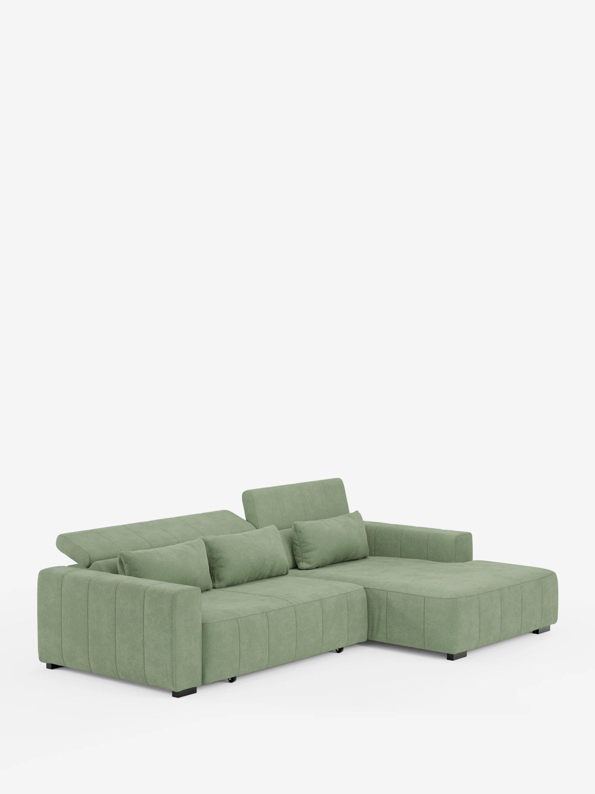 Il “Doric Divano angolare con penisola e sedute allungabili con relax elettrico” di divitt.sbs è un moderno divano componibile verde chiaro dotato di poggiatesta regolabili e reclinabili e braccioli bassi. Rivestito in tessuto T23 facile da pulire, presenta morbidi cuscini trapuntati, due cuscini di sostegno per lo schienale e una chaise longue che si estende verso destra. Il design contemporaneo poggia su gambe corte nere ed è raffigurato su uno sfondo bianco a tinta unita.